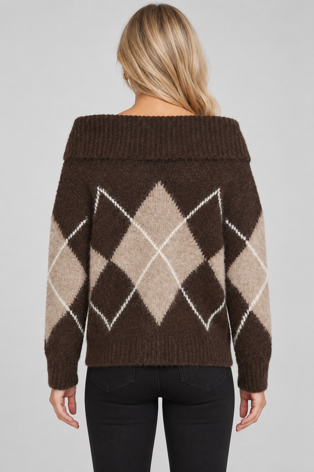 Fransa Off-Shoulder Argyle Sweater - Style 20618567