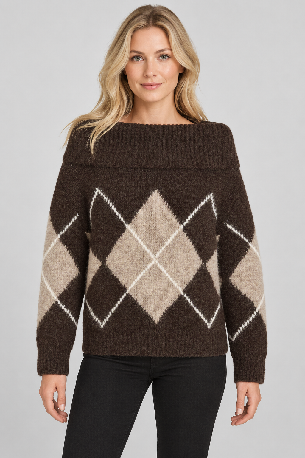 Fransa Off-Shoulder Argyle Sweater - Style 20618567