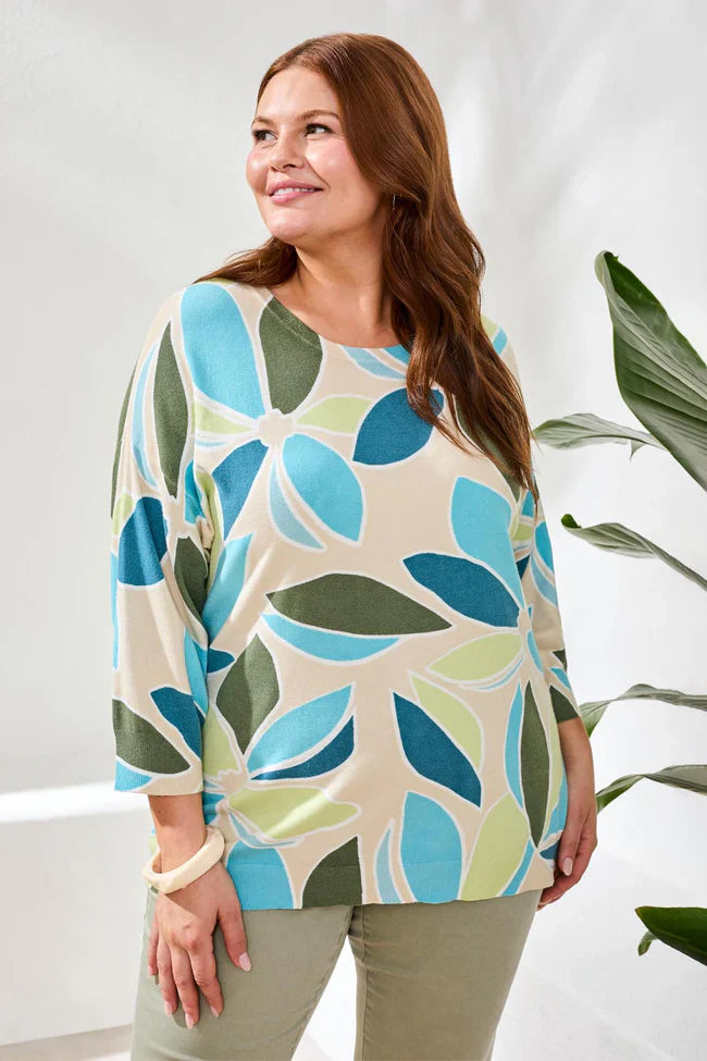 Printed Crew-Neck Three-Quarter Sweater