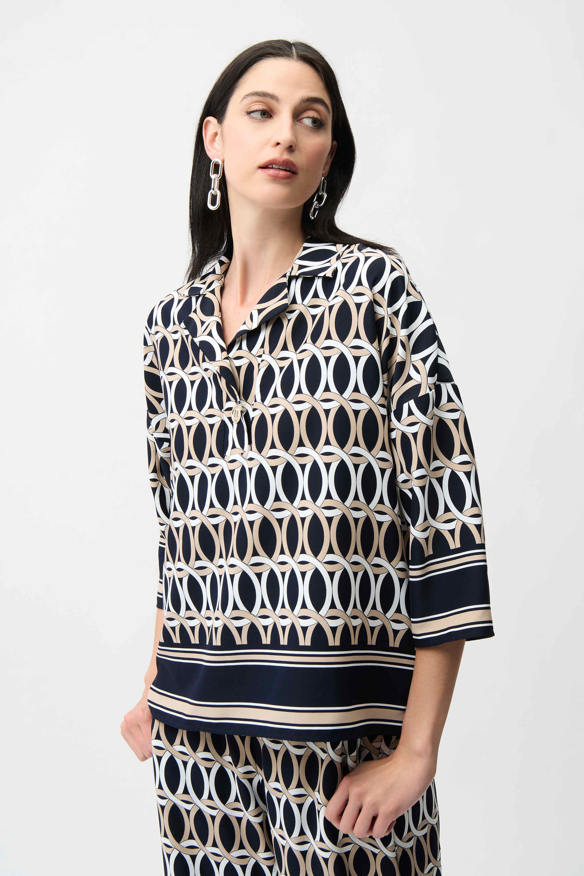 Woven Geometric Print Boxy Top With Shirt Collar