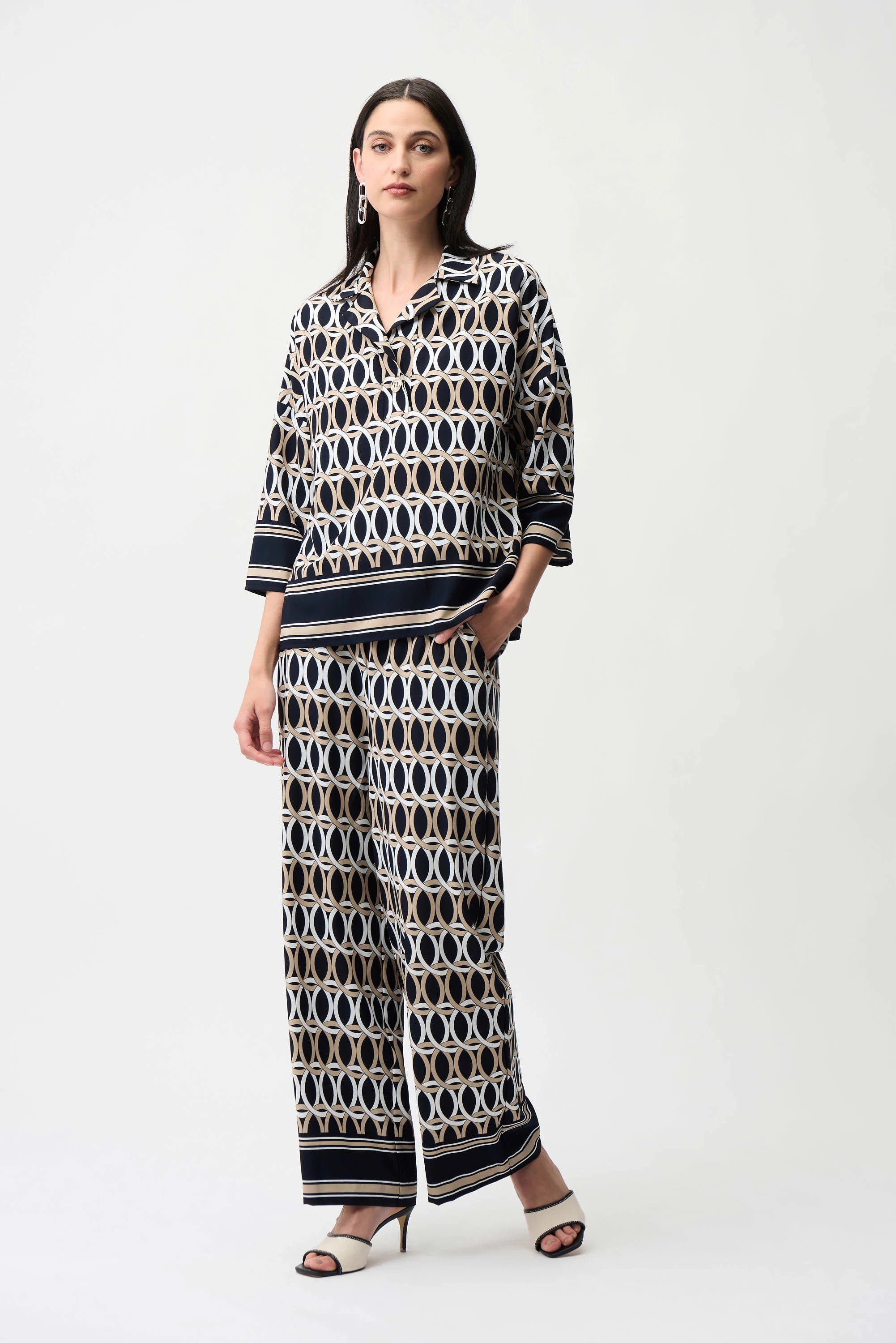 Woven Geometric Print Boxy Top With Shirt Collar