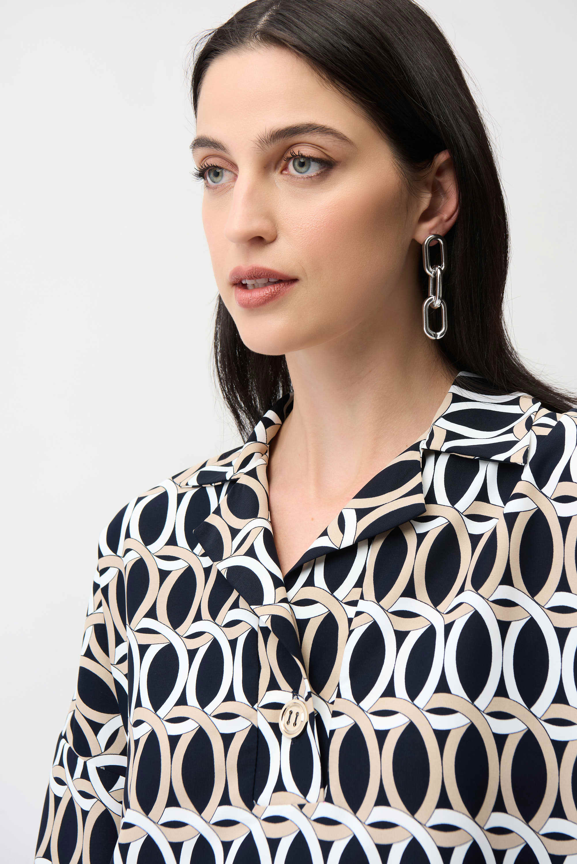 Woven Geometric Print Boxy Top With Shirt Collar