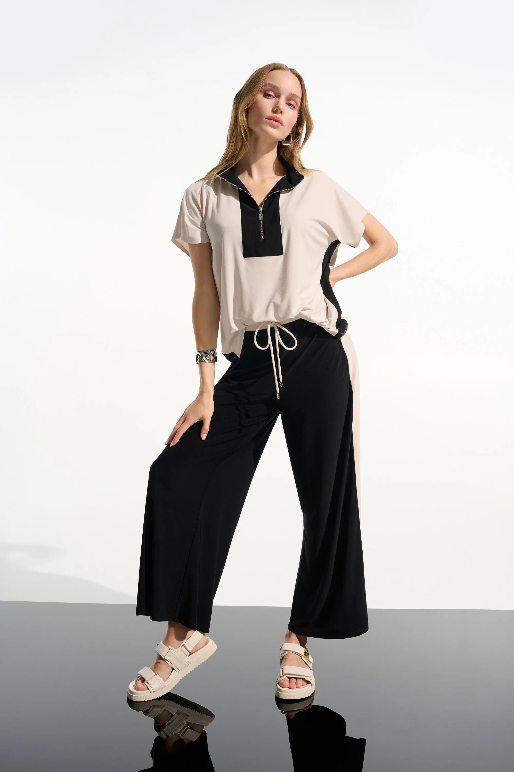 Silky Knit Color Block Straight Top With Zipped Collar