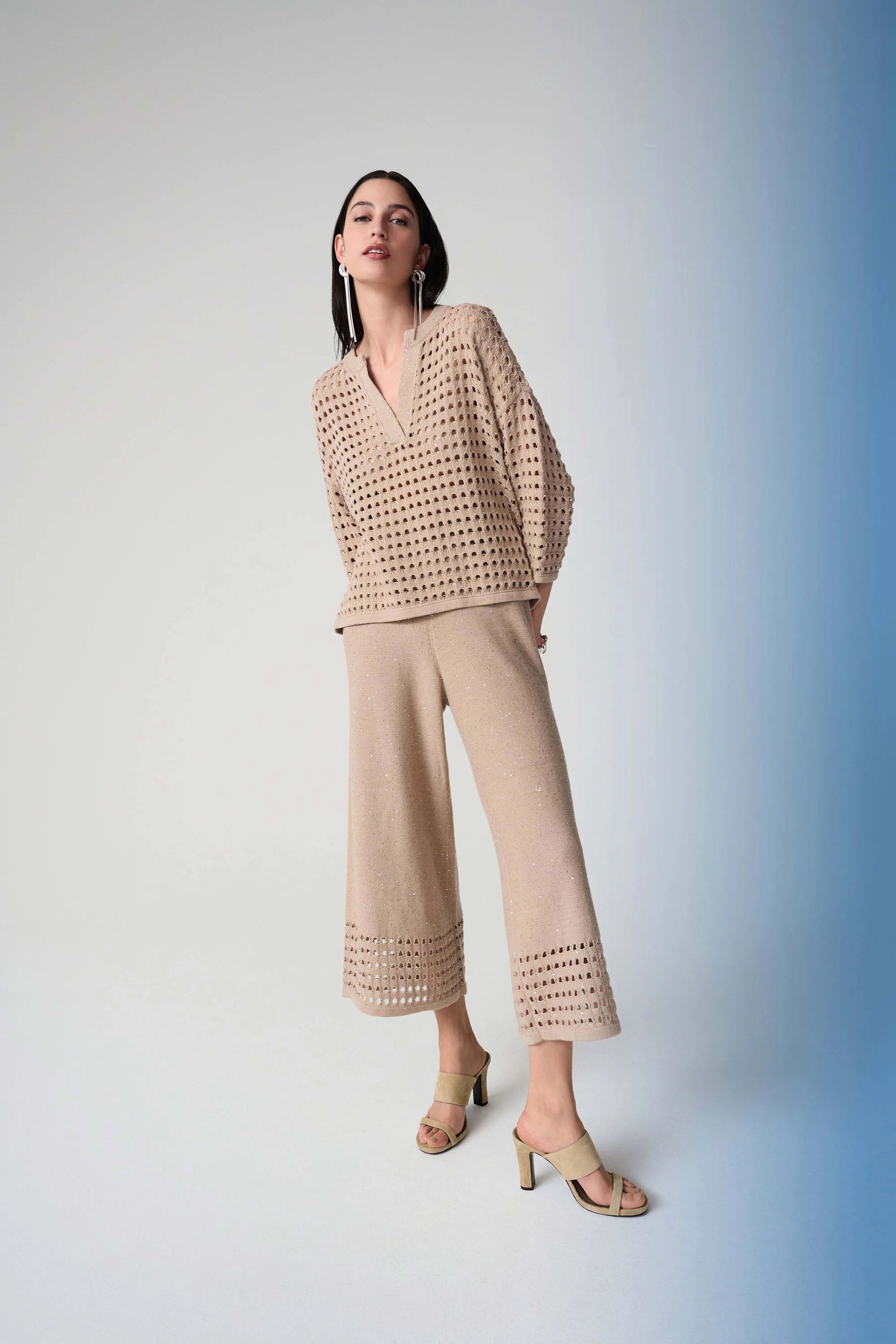 Sequins Yarn Culotte Pants With Open Stitch Border