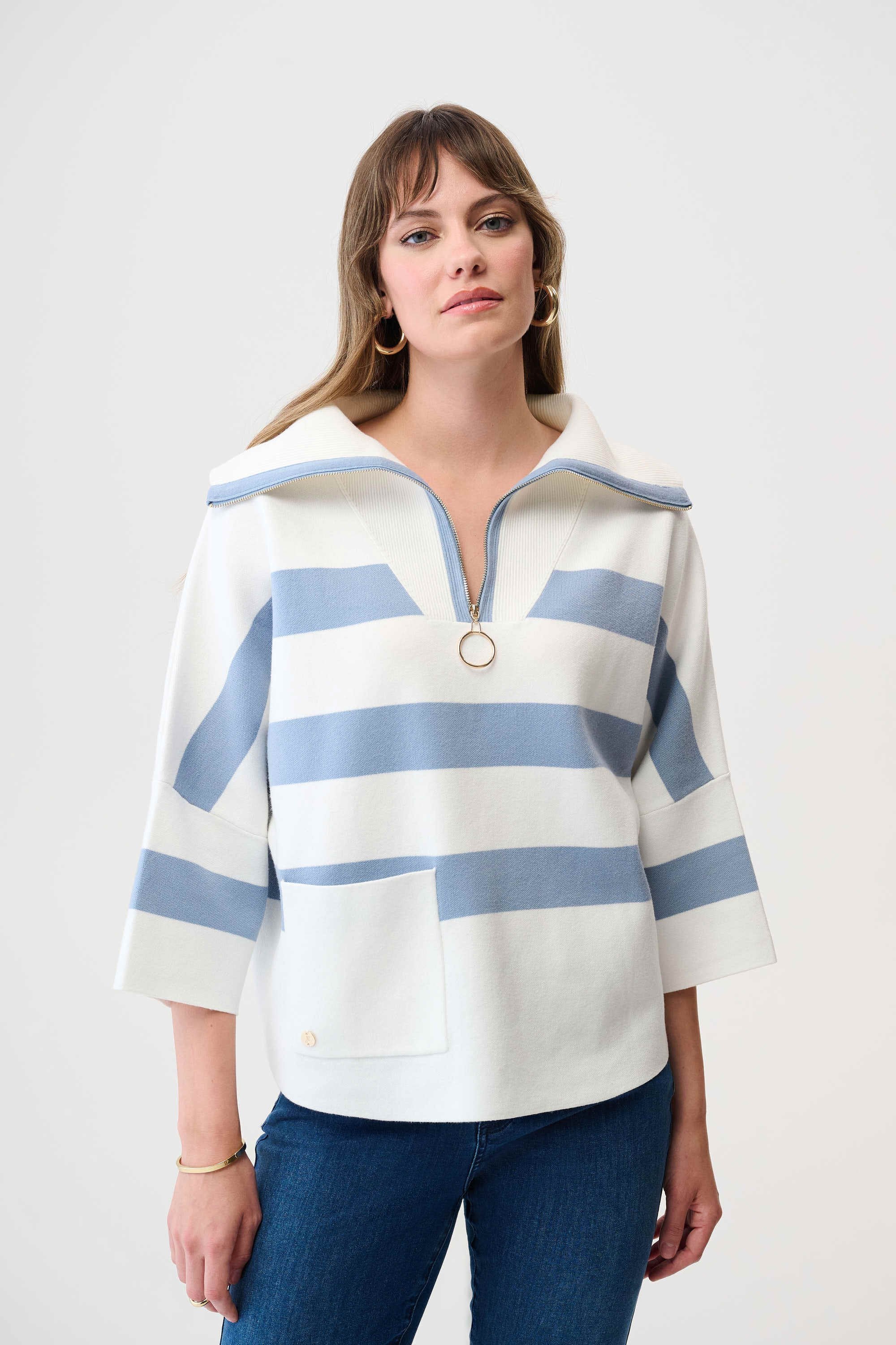 Brushed Viscose Stripe Print Boxy Sweater with Zipped Collar
