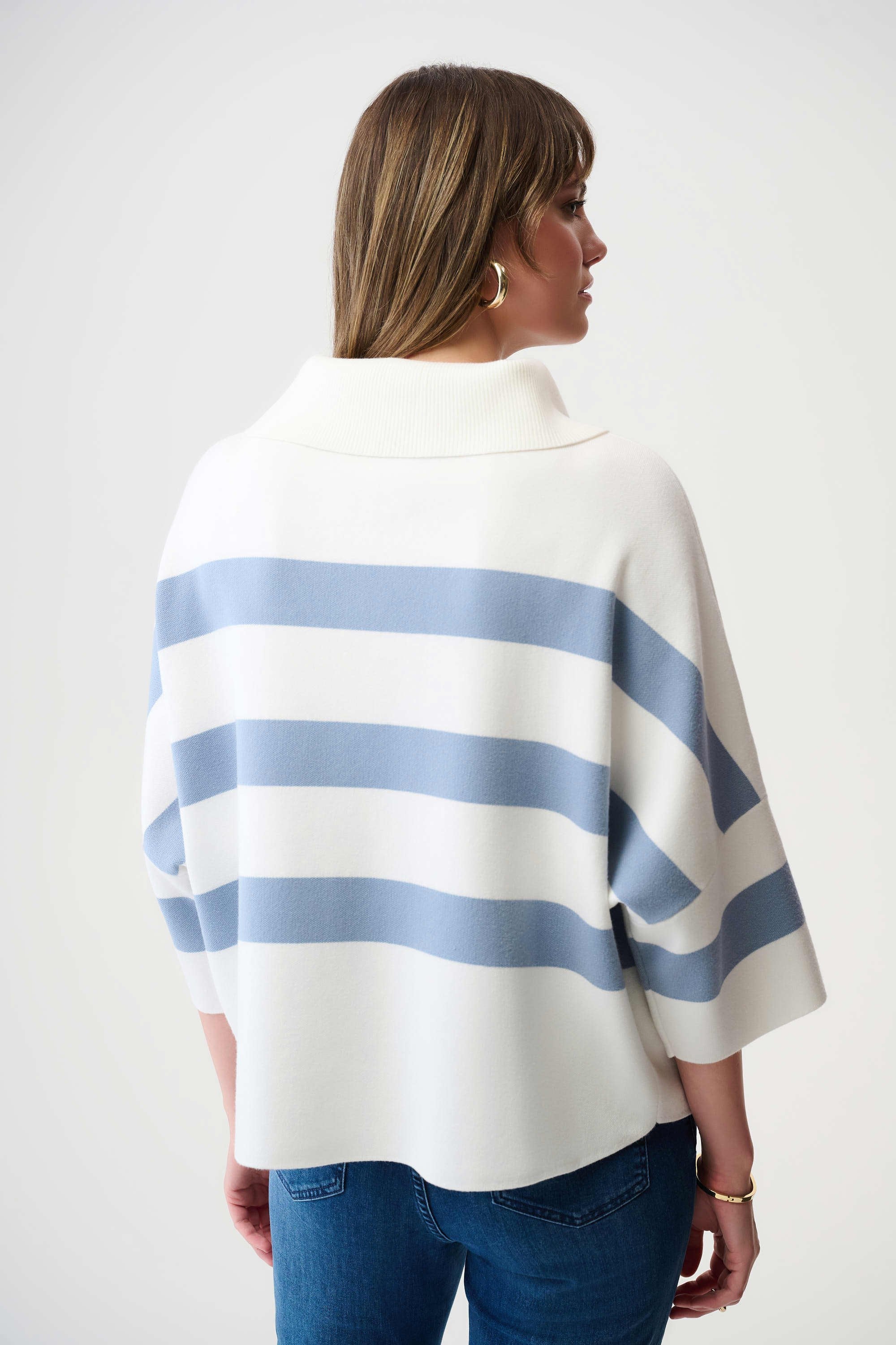 Brushed Viscose Stripe Print Boxy Sweater with Zipped Collar