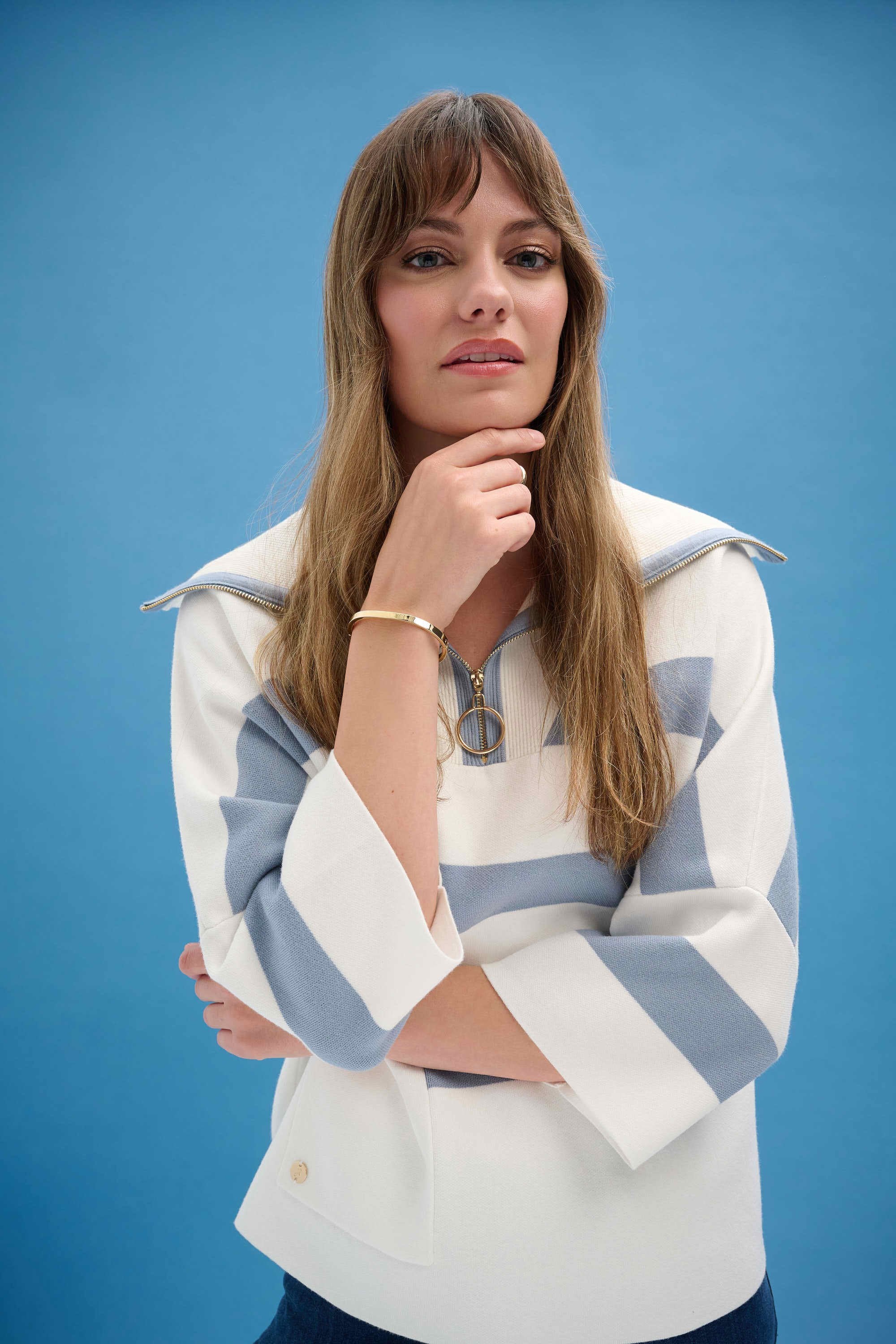 Brushed Viscose Stripe Print Boxy Sweater with Zipped Collar