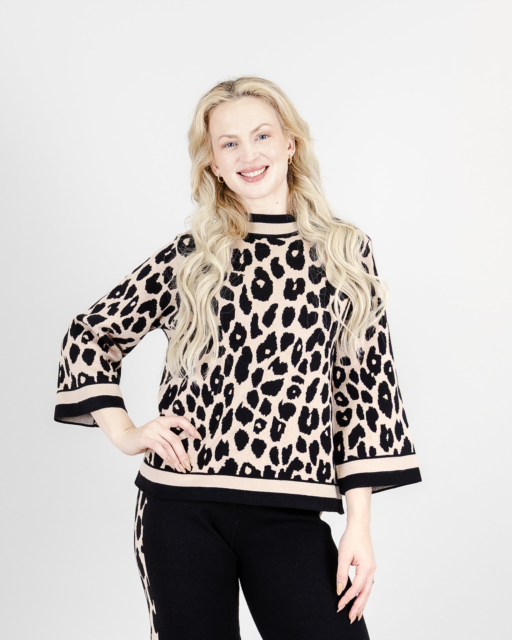 Fun Sport Leopard Print Crew Neck Sweater- Style 262441