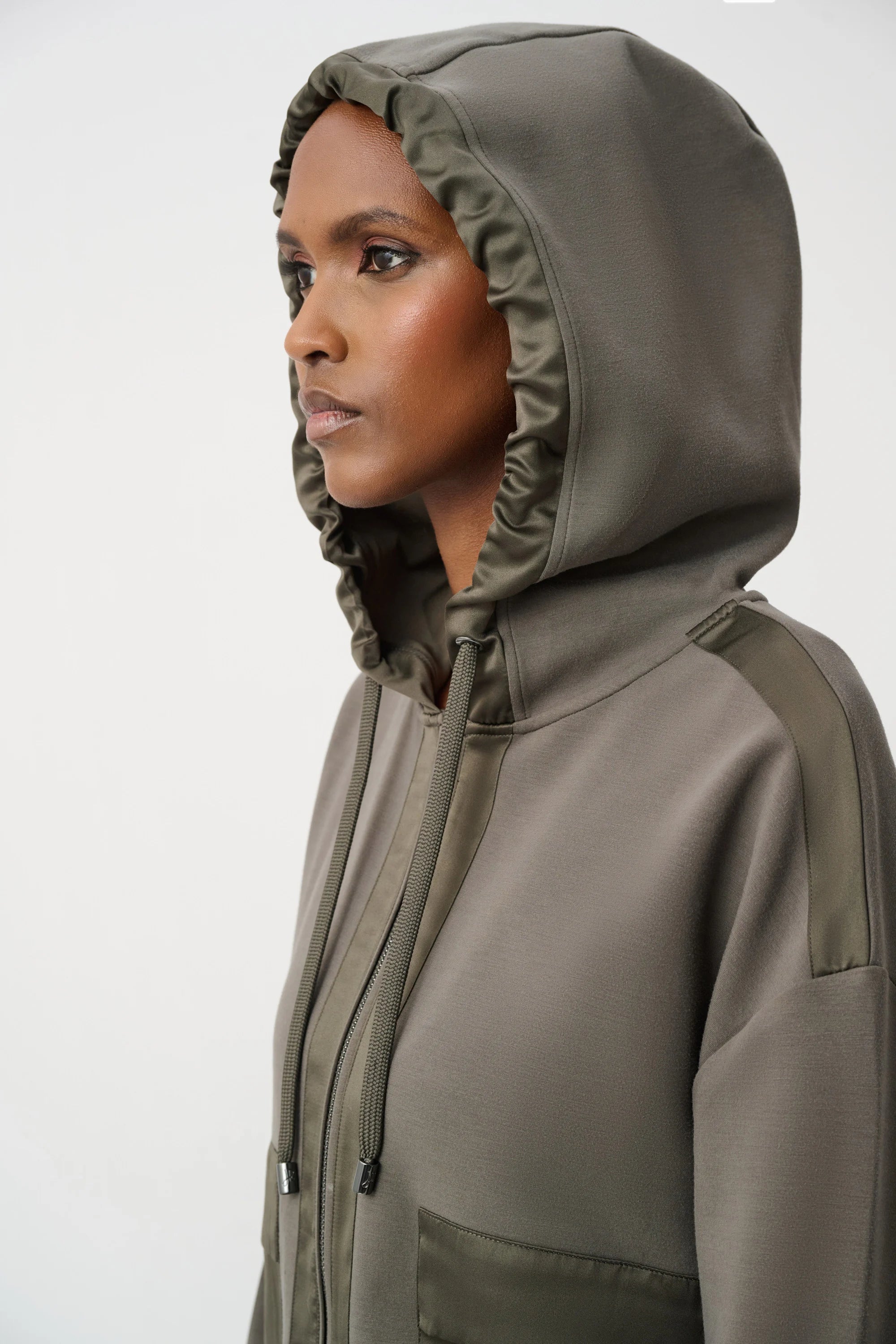 Scuba Jersey And Satin Hooded Boxy Jacket