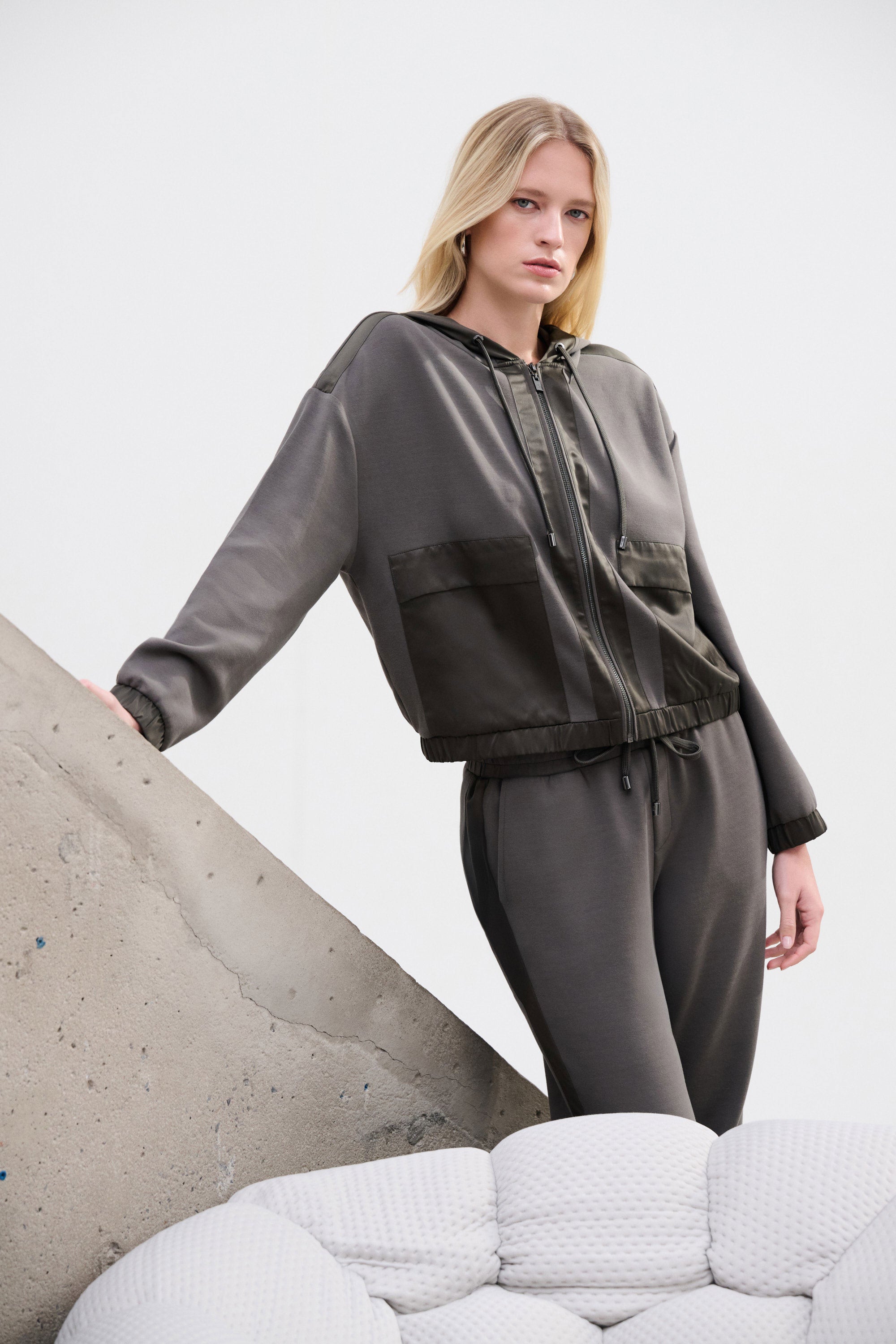 Scuba Jersey And Satin Hooded Boxy Jacket