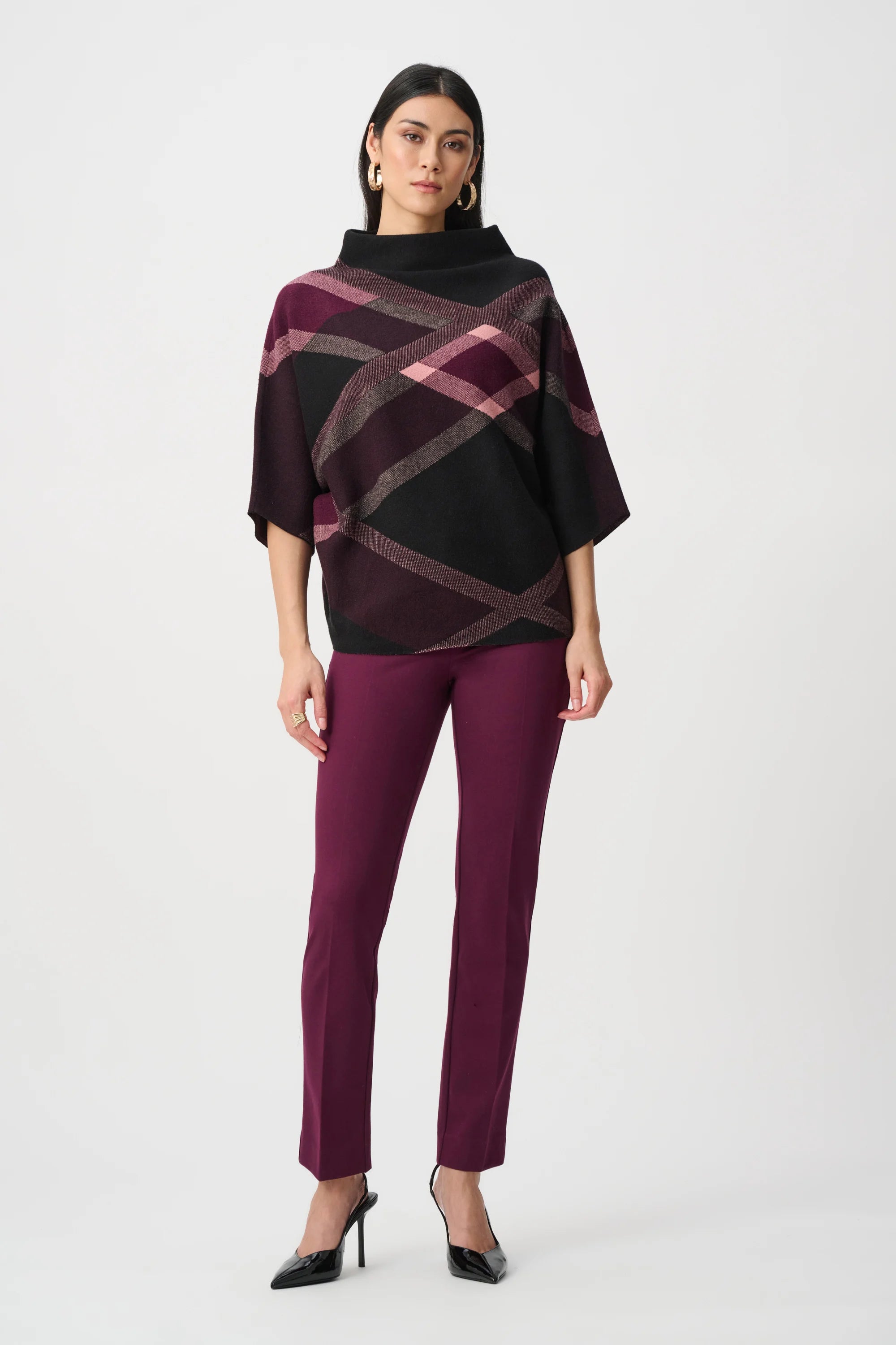 Joseph Ribkoff Plaid Funnel Neck Sweater - Style 263947M