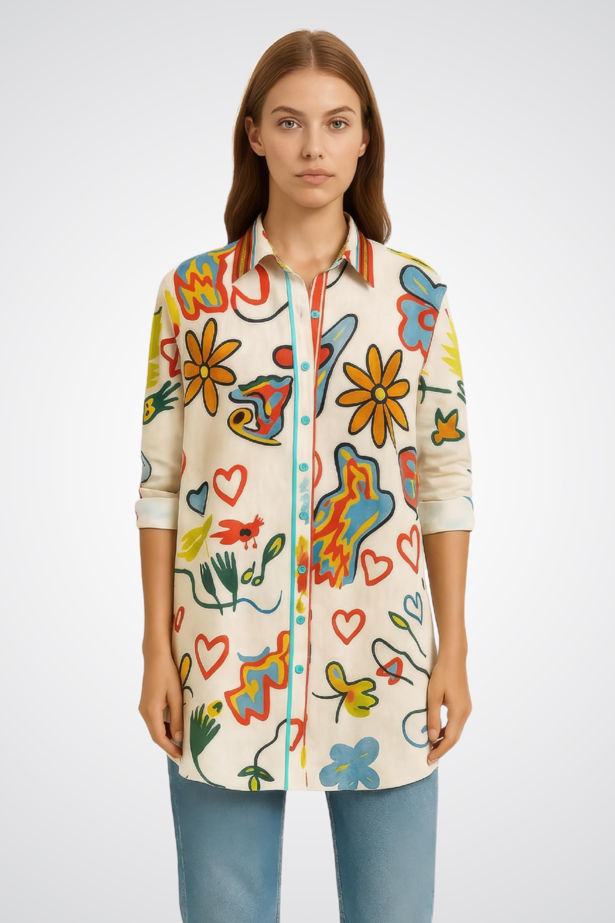 Button-Front Multicolor Blouse