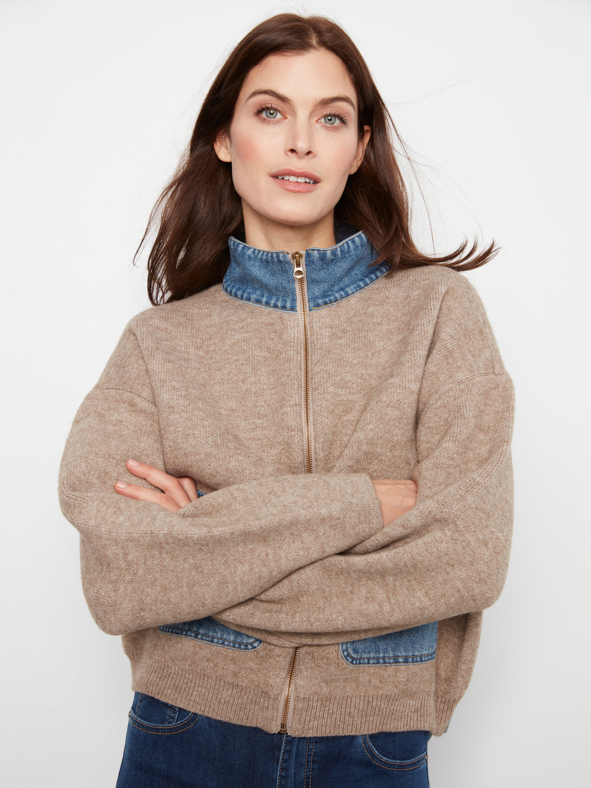 Charlie B Zipped Sweater Denim Pockets  - Style C2045-716C