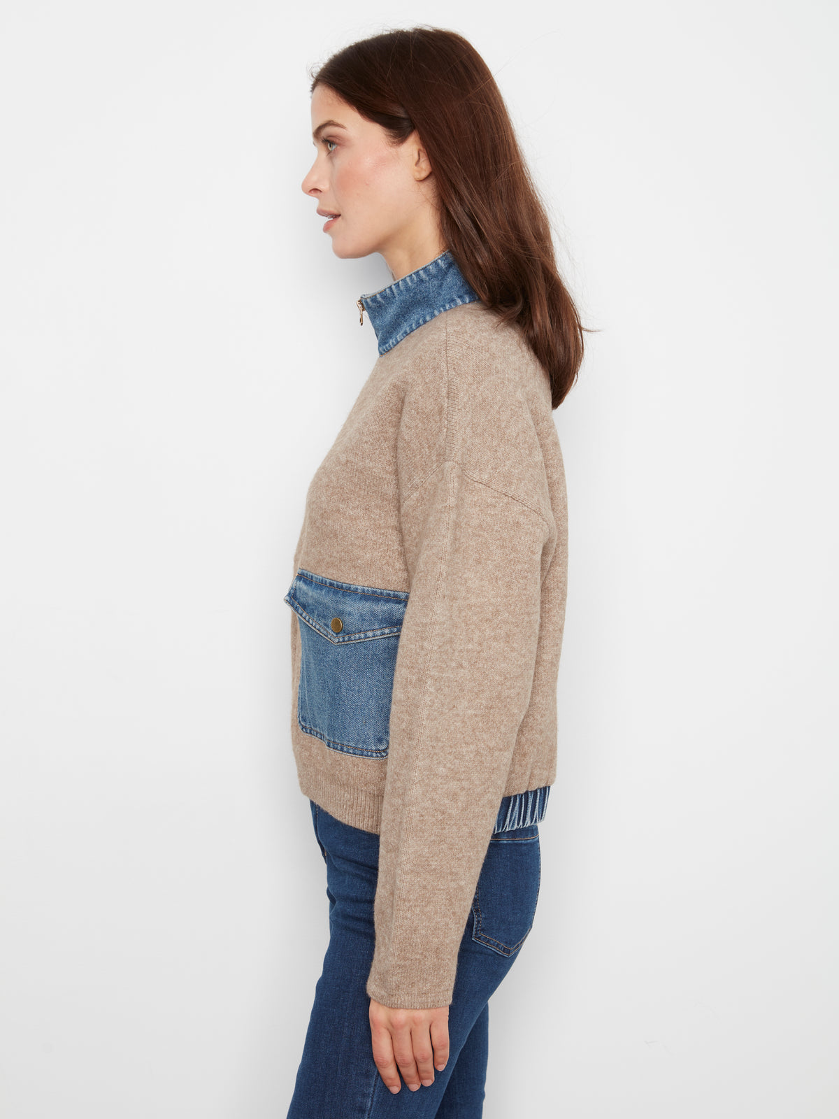 Charlie B Zipped Sweater Denim Pockets  - Style C2045-716C