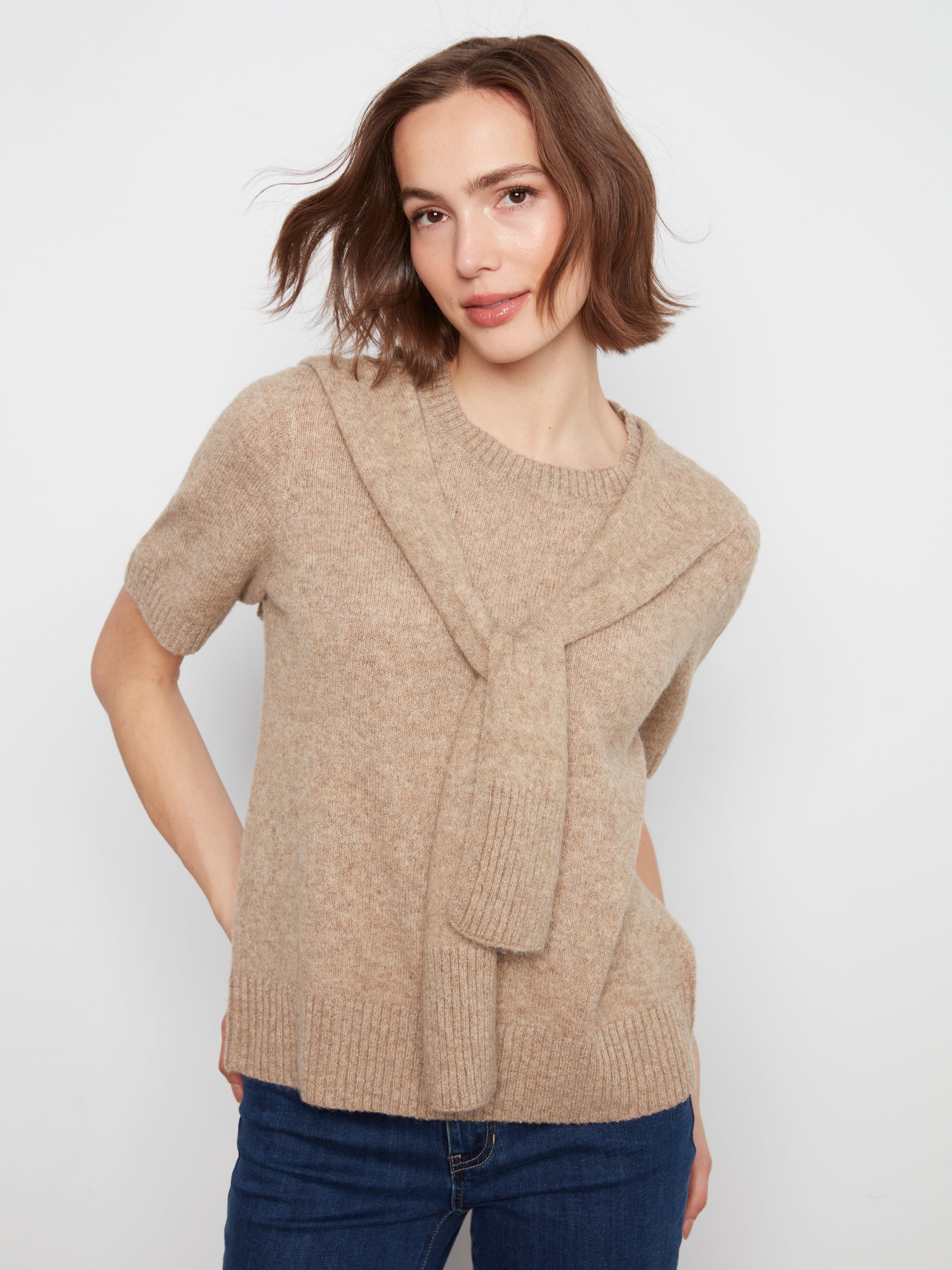 Charlie B Crew Neck Sweater With Front Tie - Style C2069-690C