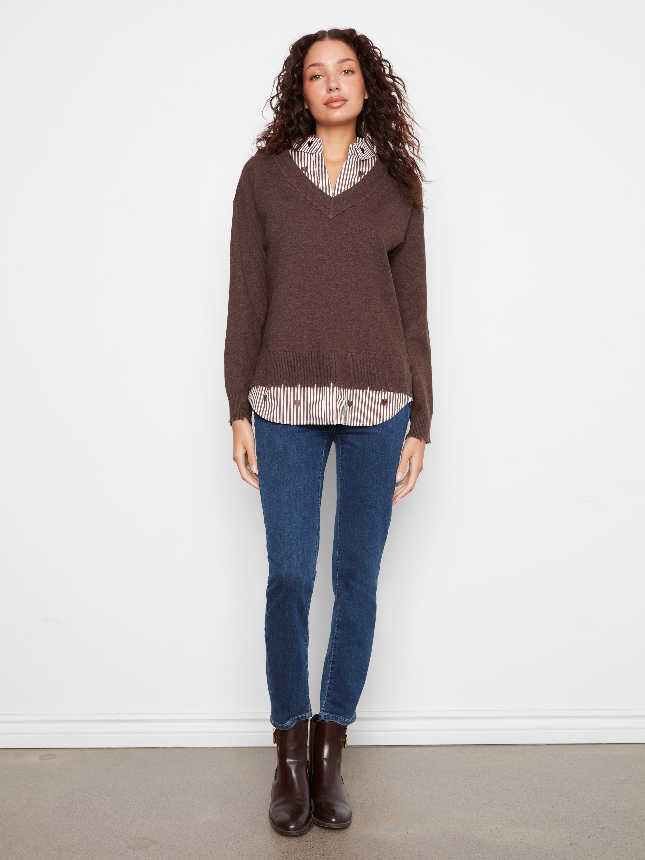 Charlie B Long Sleeve V-Neck Fooler Sweater - Style C2568RP-464A