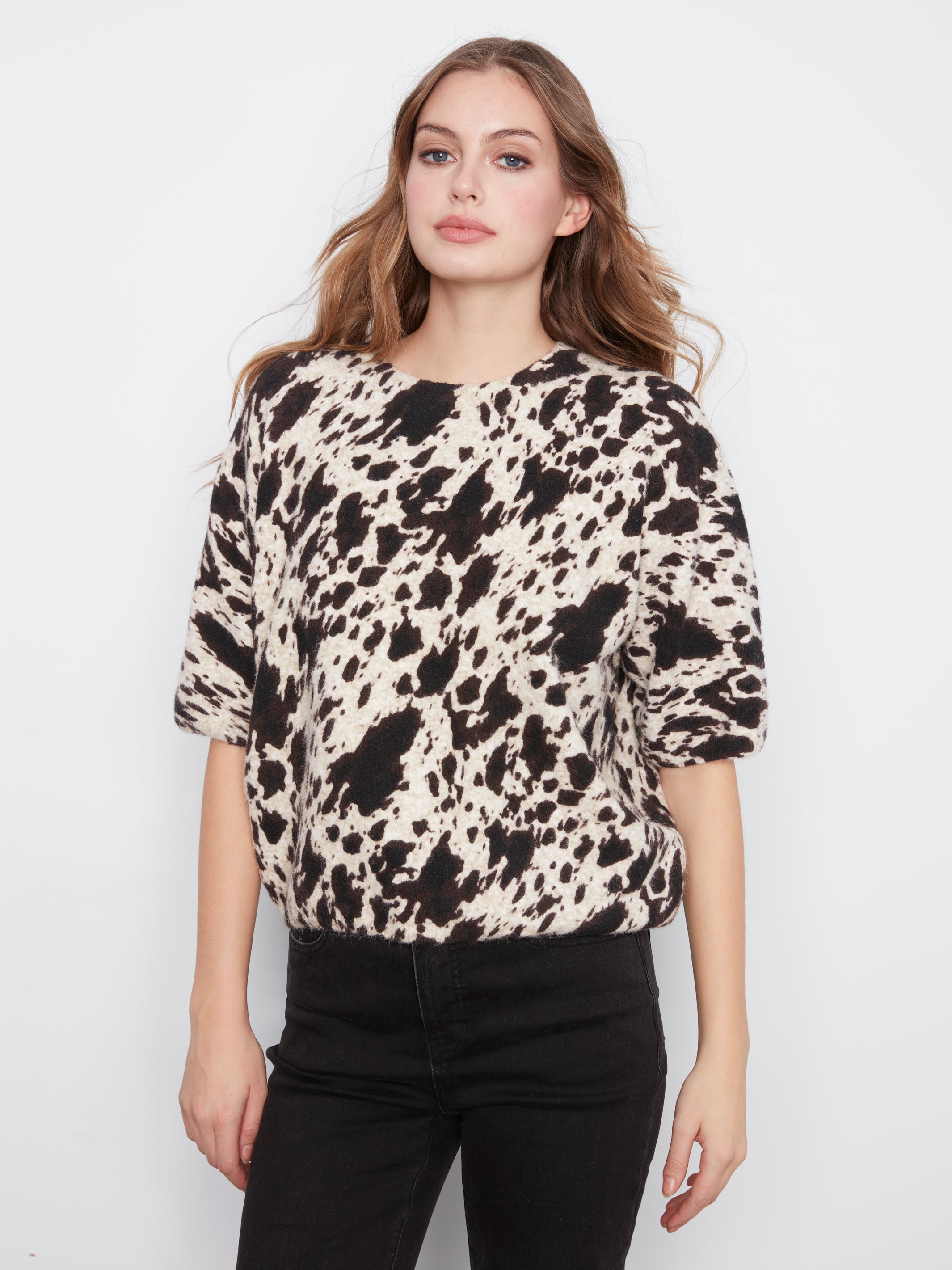 Charlie B Print Elbow Sleeve Baloon Shape Sweater - Style C2858RP-717C