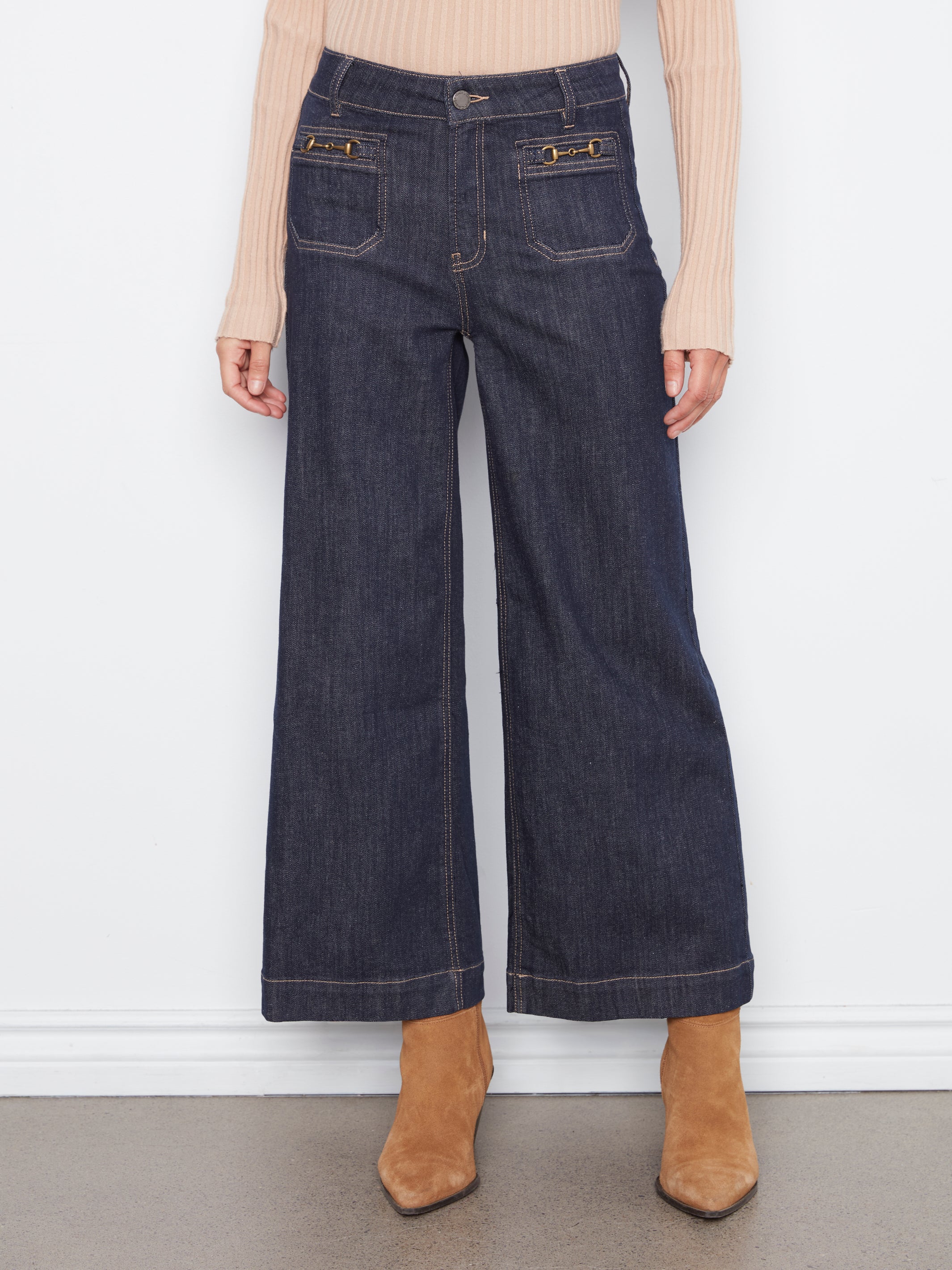 Cropped Patch Pocket Wide Leg Jeans