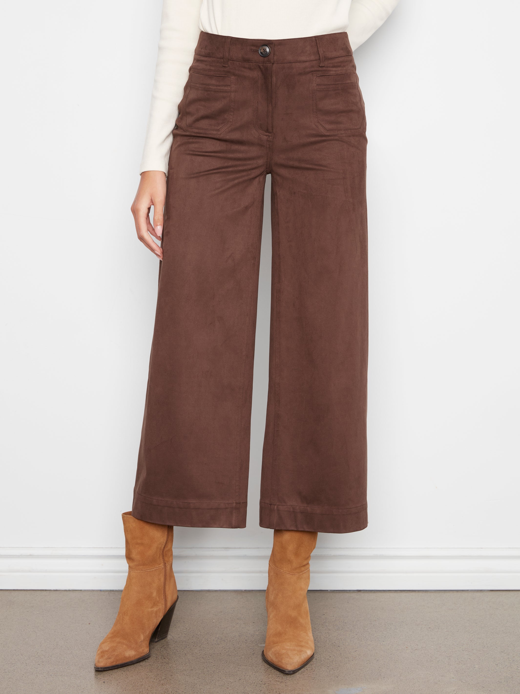 Faux Suede Cropped Wide Leg Pants