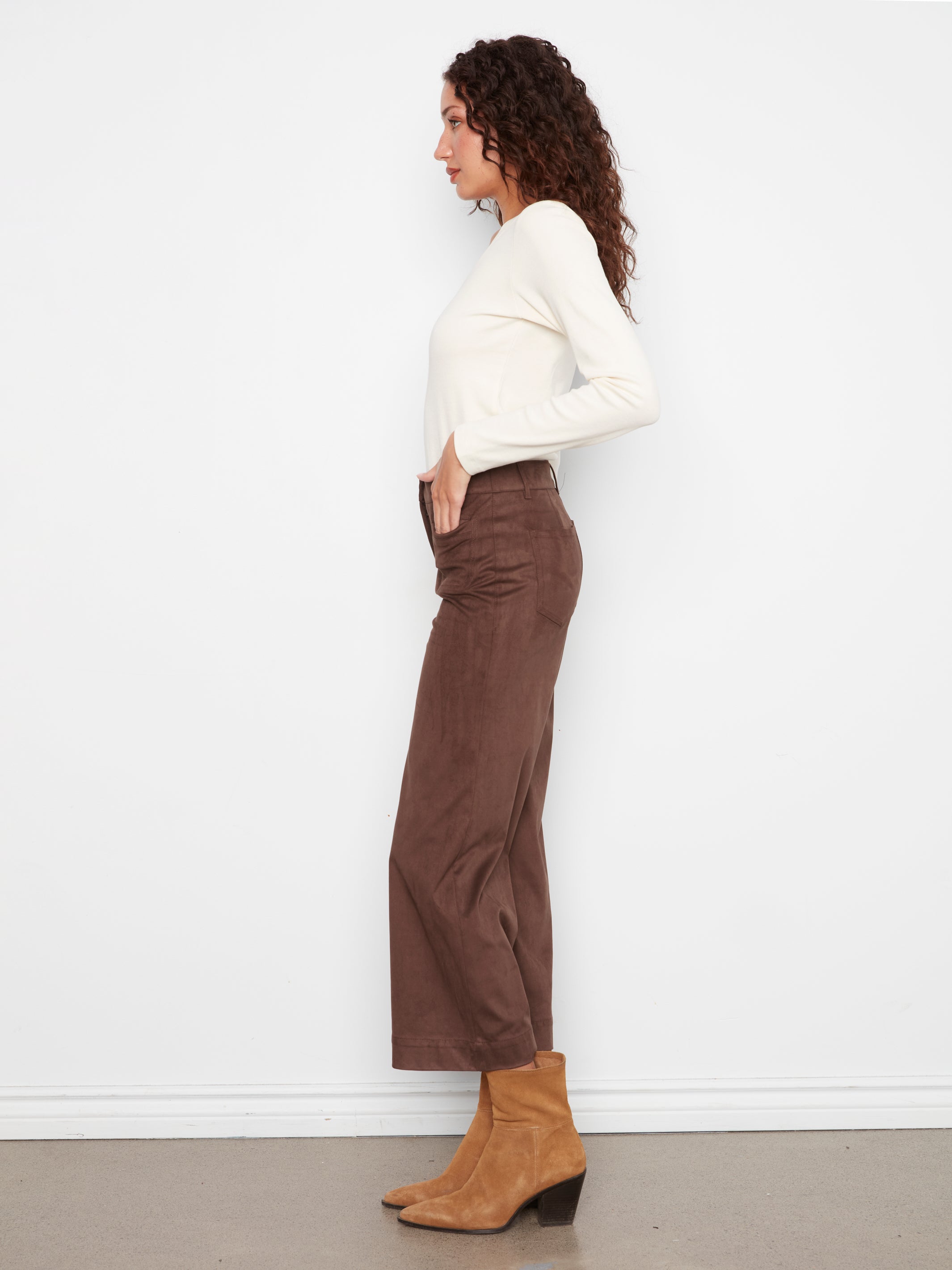 Faux Suede Cropped Wide Leg Pants