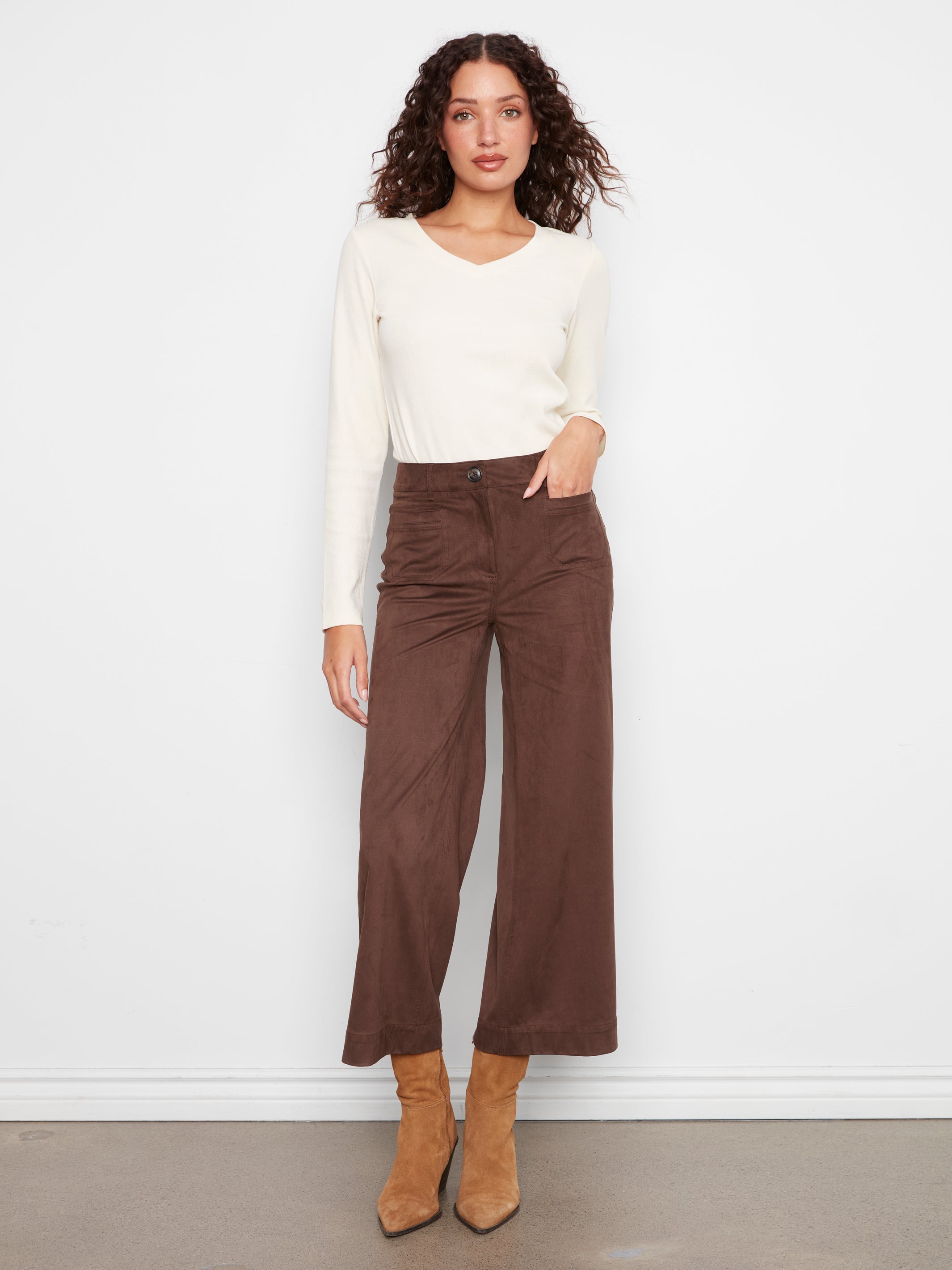 Faux Suede Cropped Wide Leg Pants
