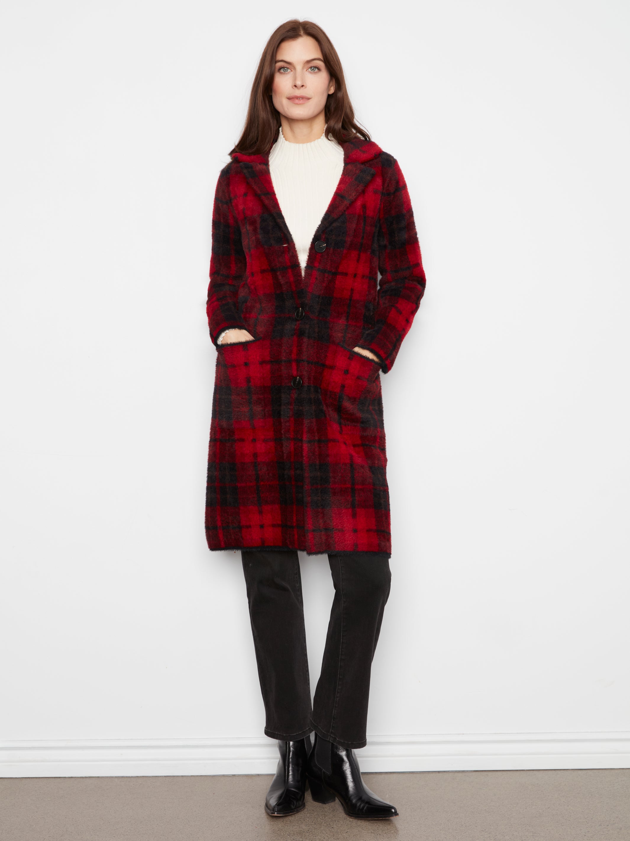 Long Plaid Knit Coatigan