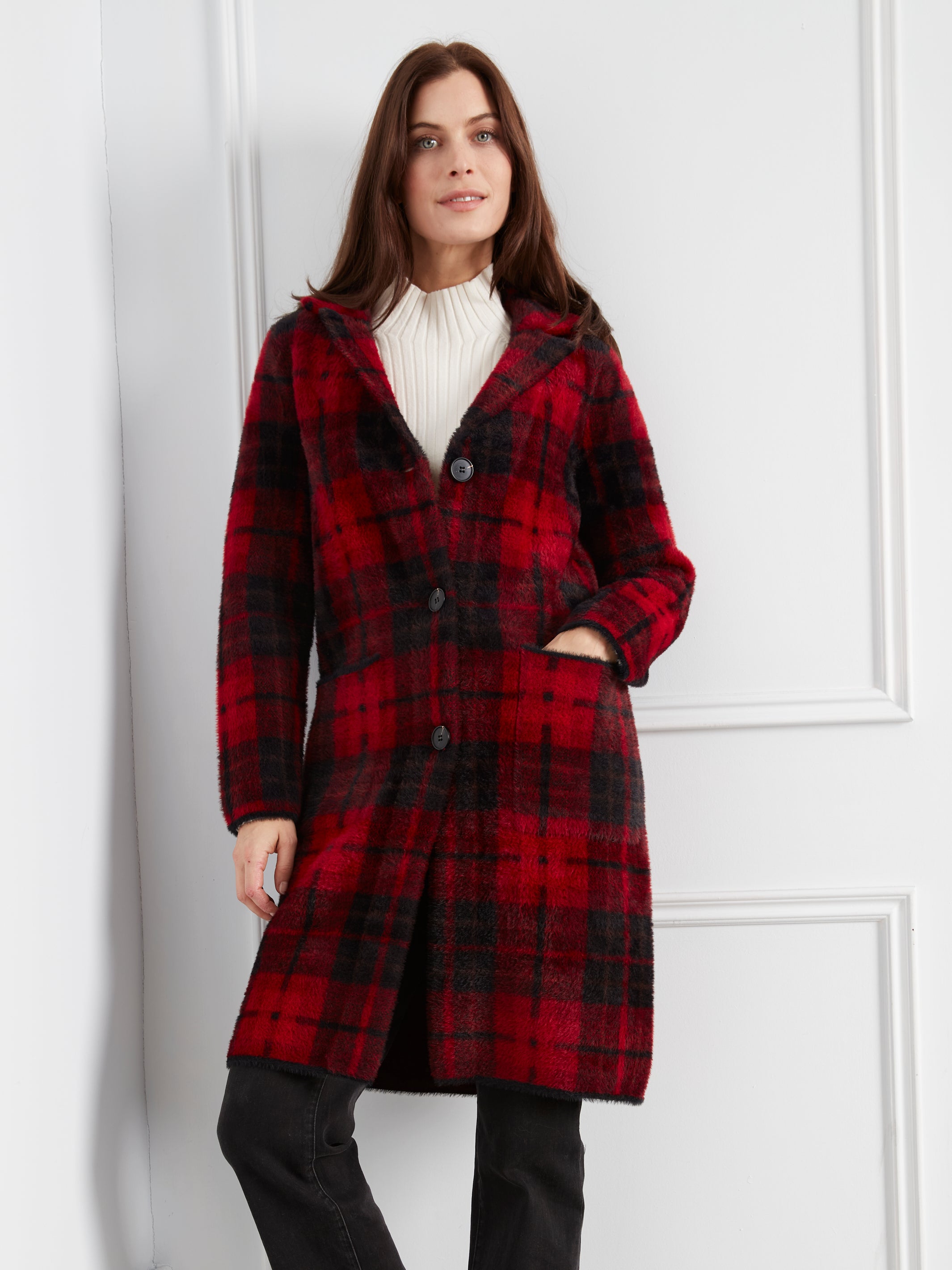 Long Plaid Knit Coatigan