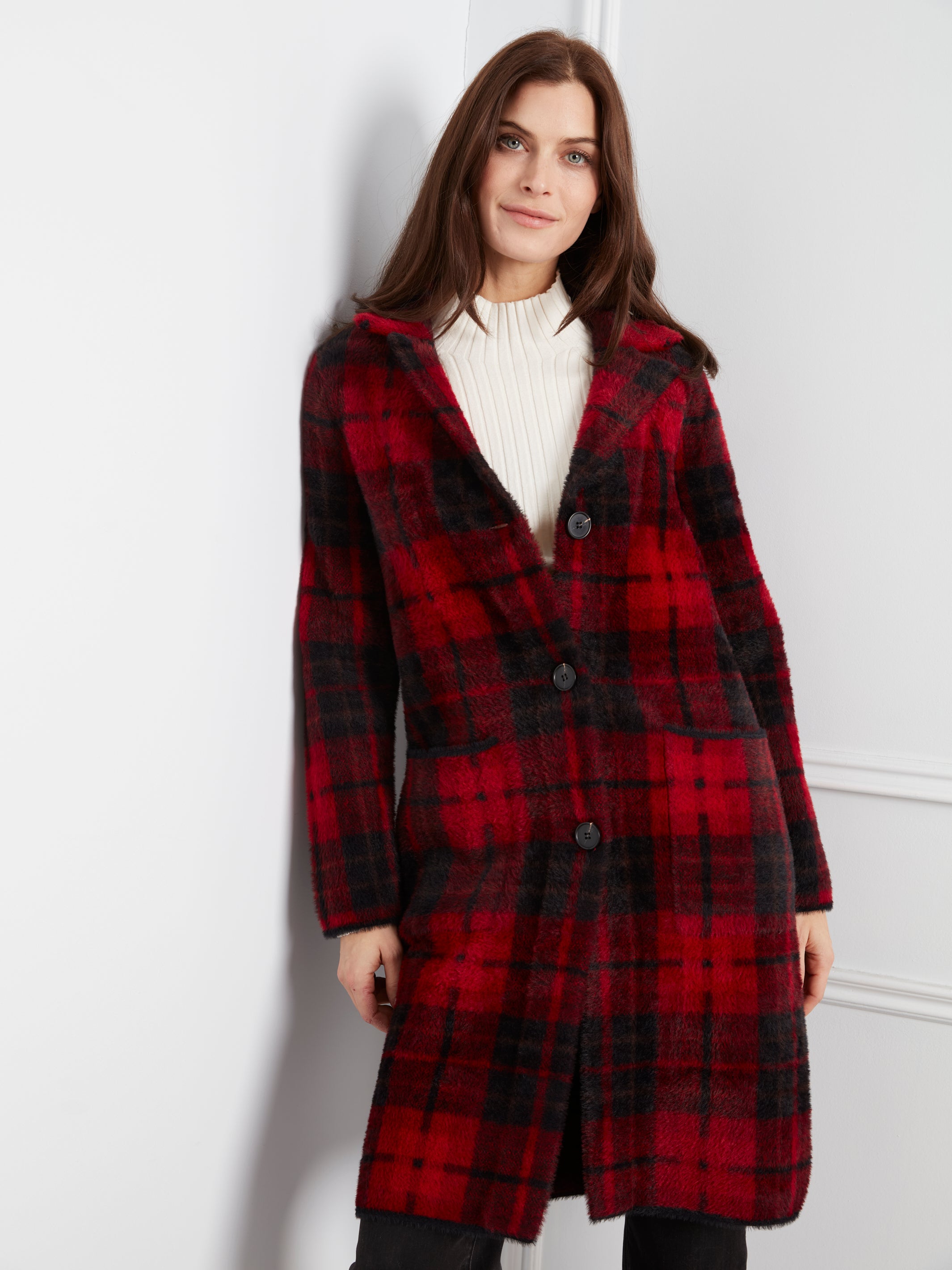Long Plaid Knit Coatigan