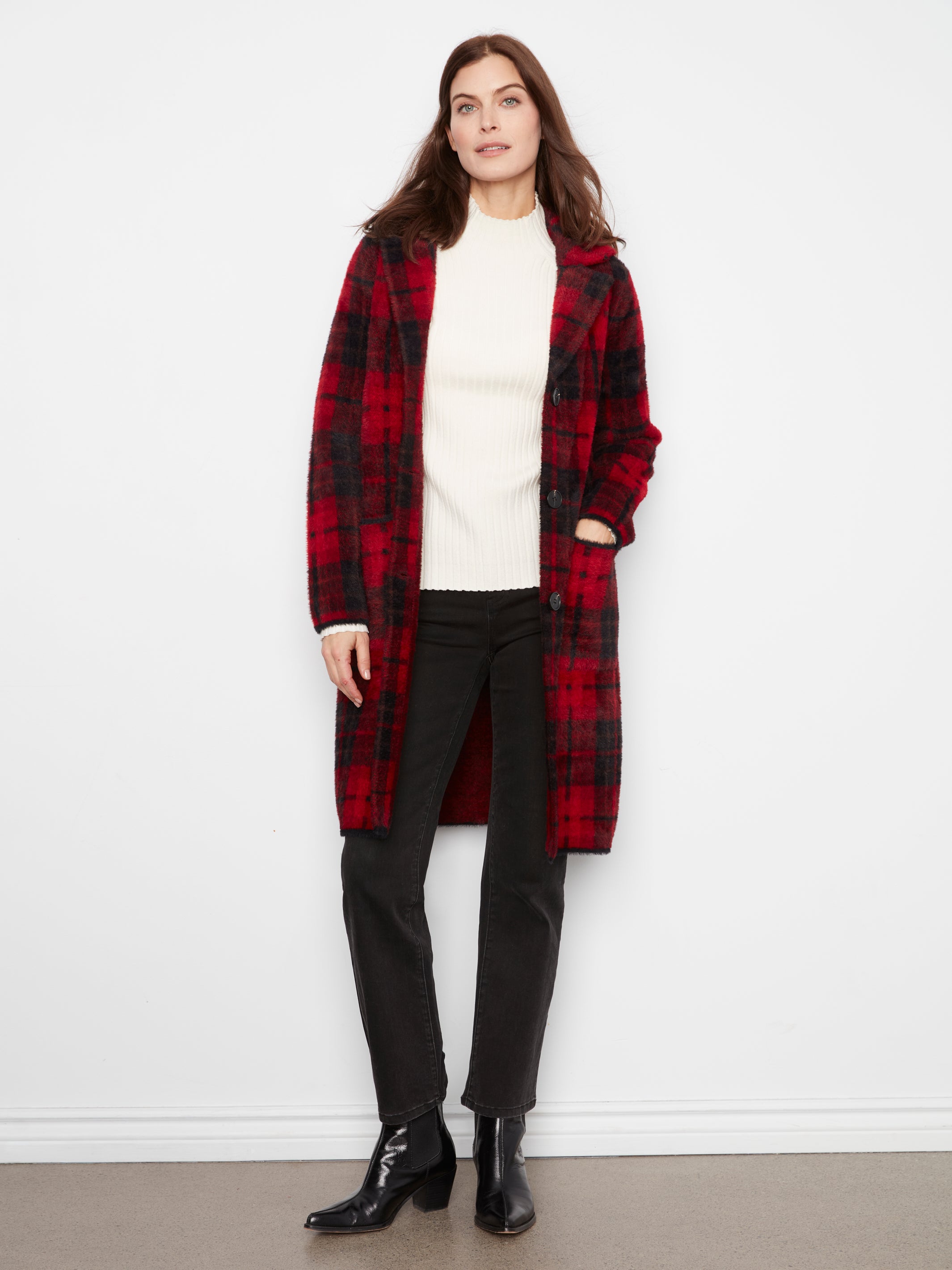 Long Plaid Knit Coatigan