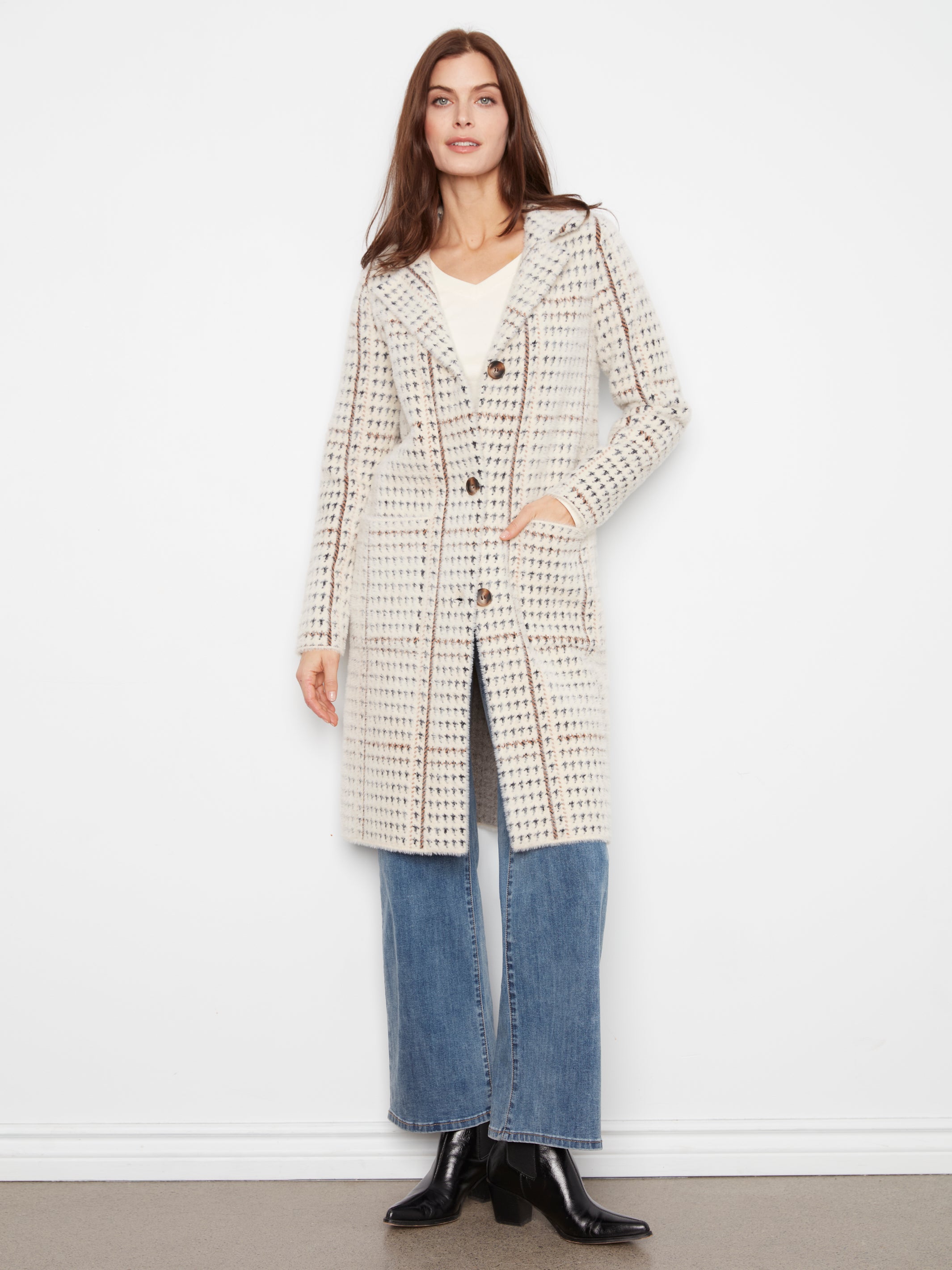 Long Plaid Knit Coatigan