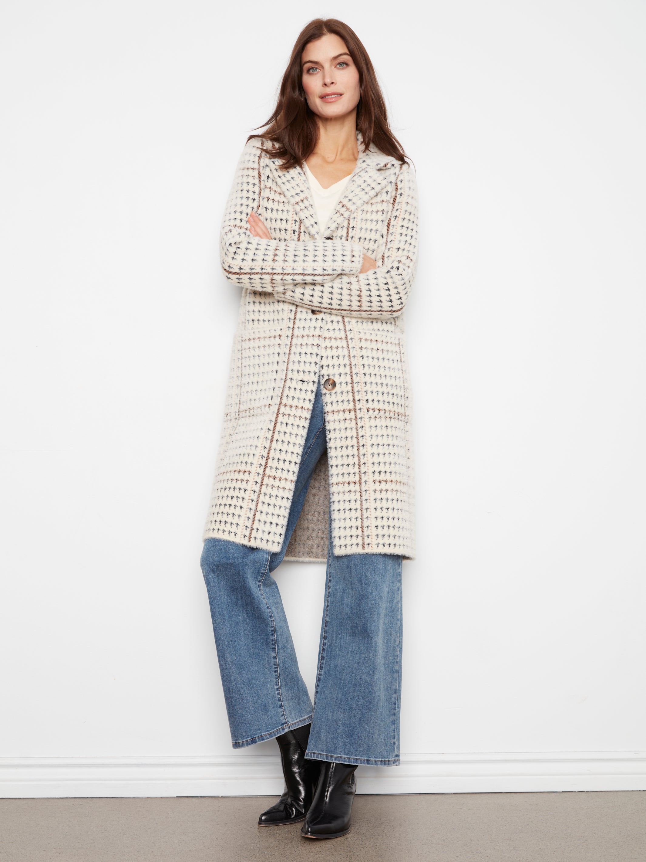 Long Plaid Knit Coatigan