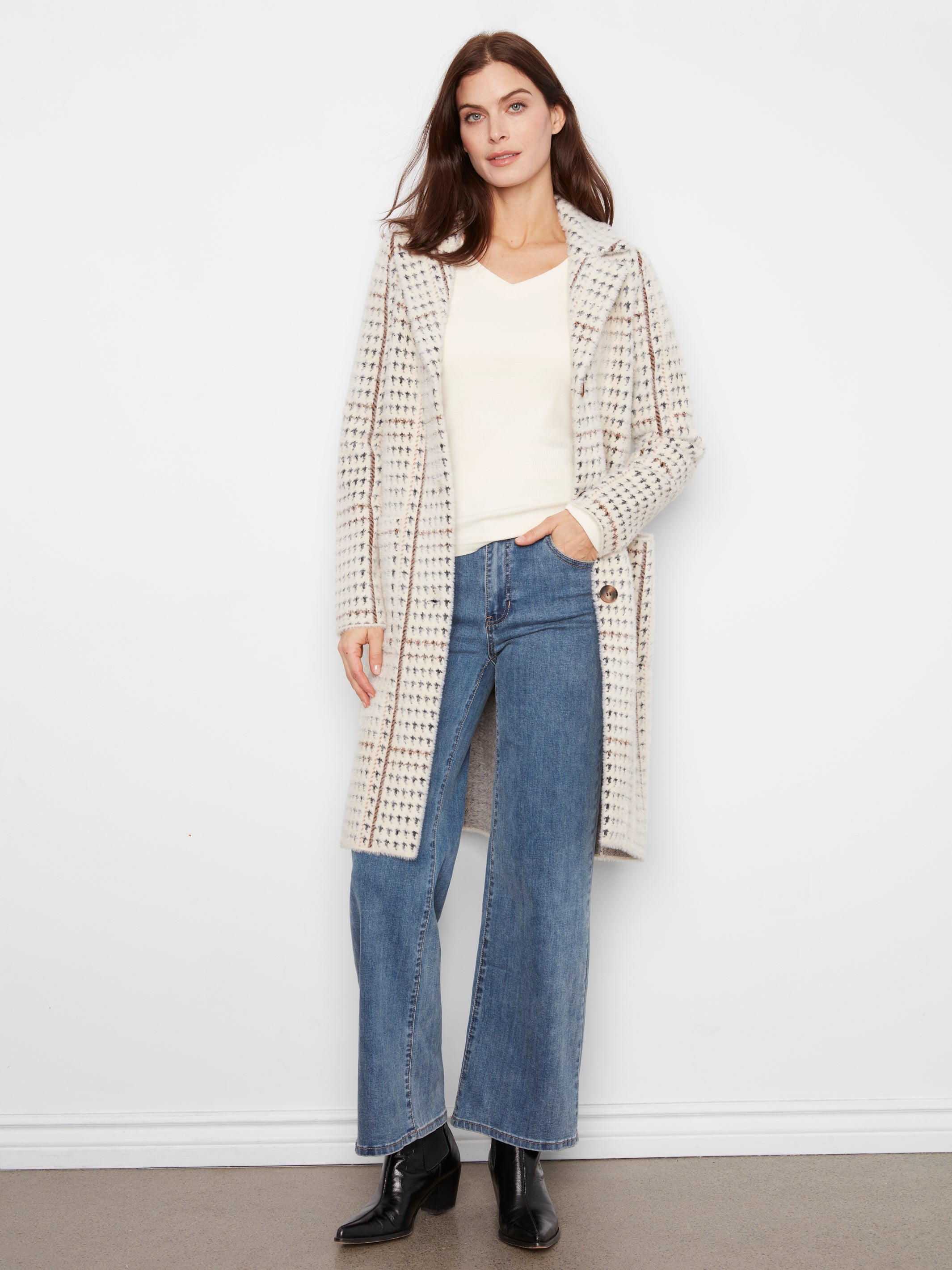 Long Plaid Knit Coatigan