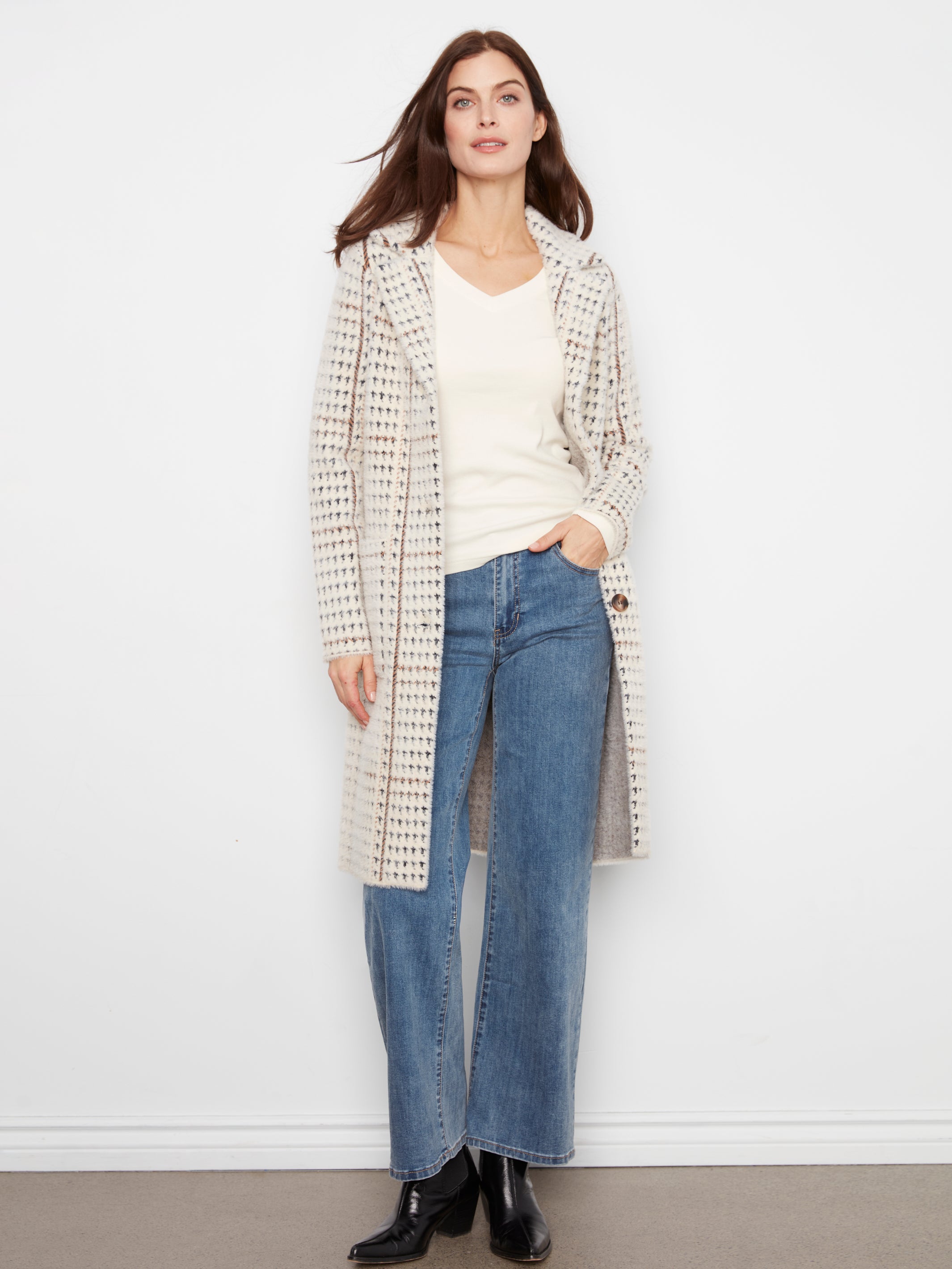 Long Plaid Knit Coatigan