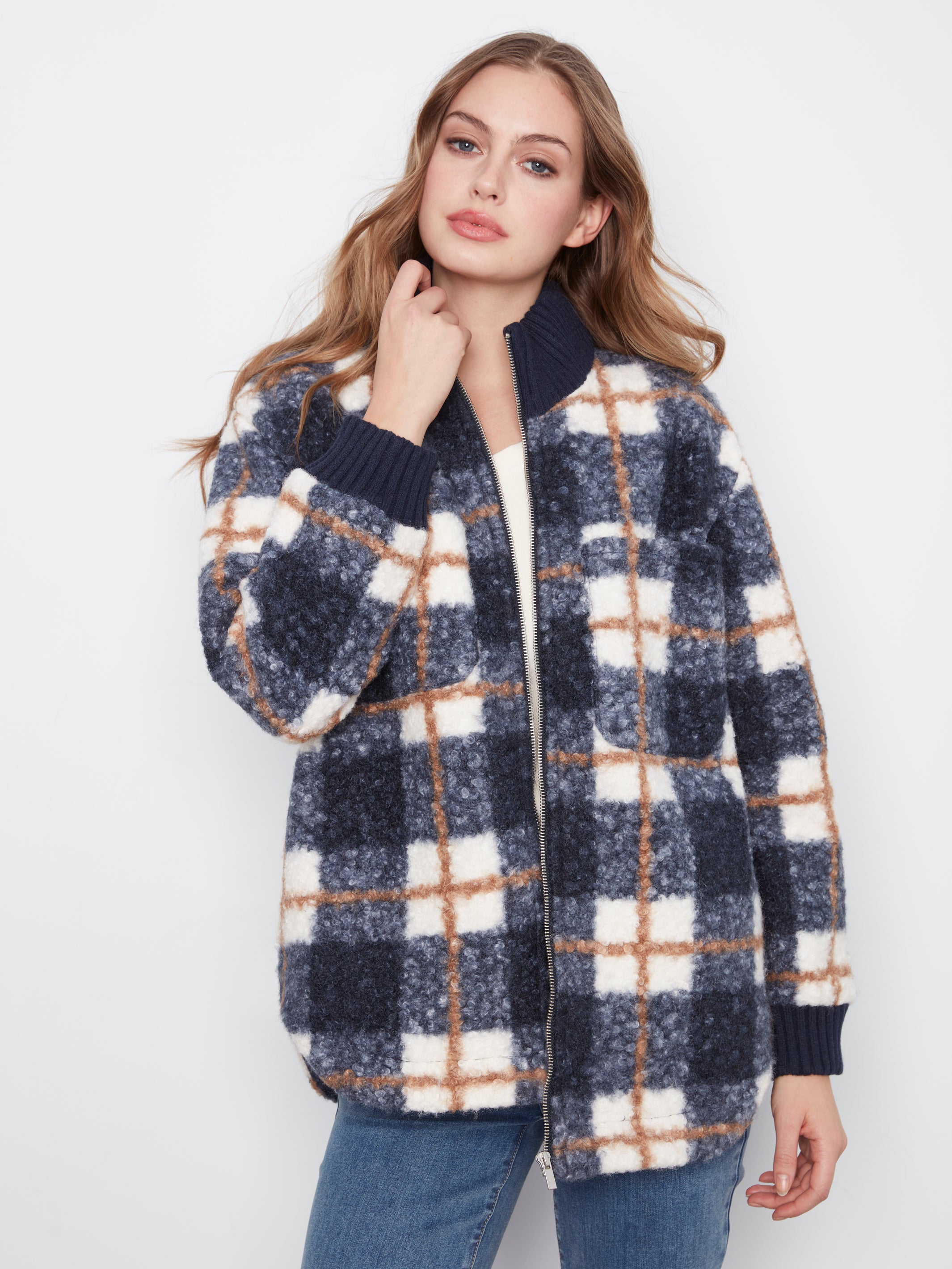 Plaid Bouclé Zip Up Jacket