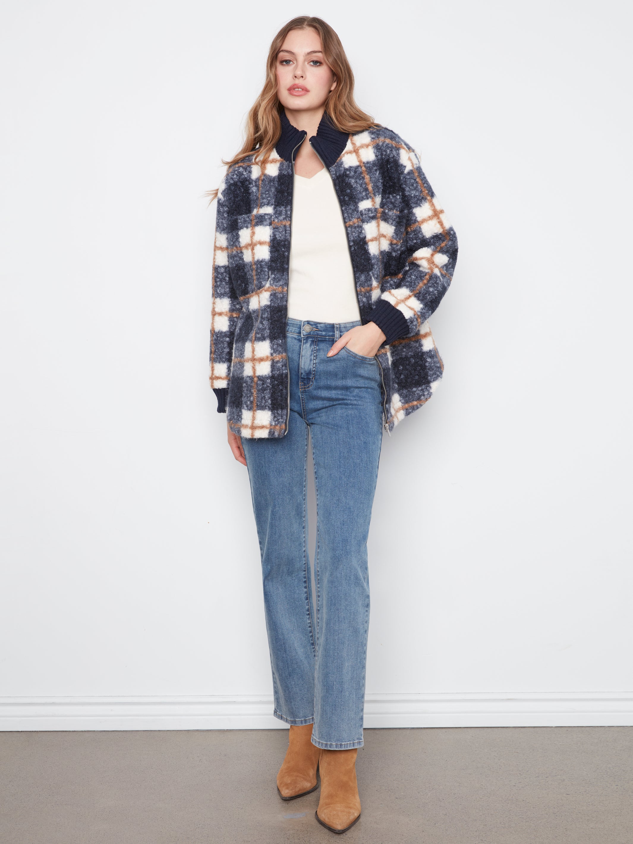 Plaid Bouclé Zip Up Jacket