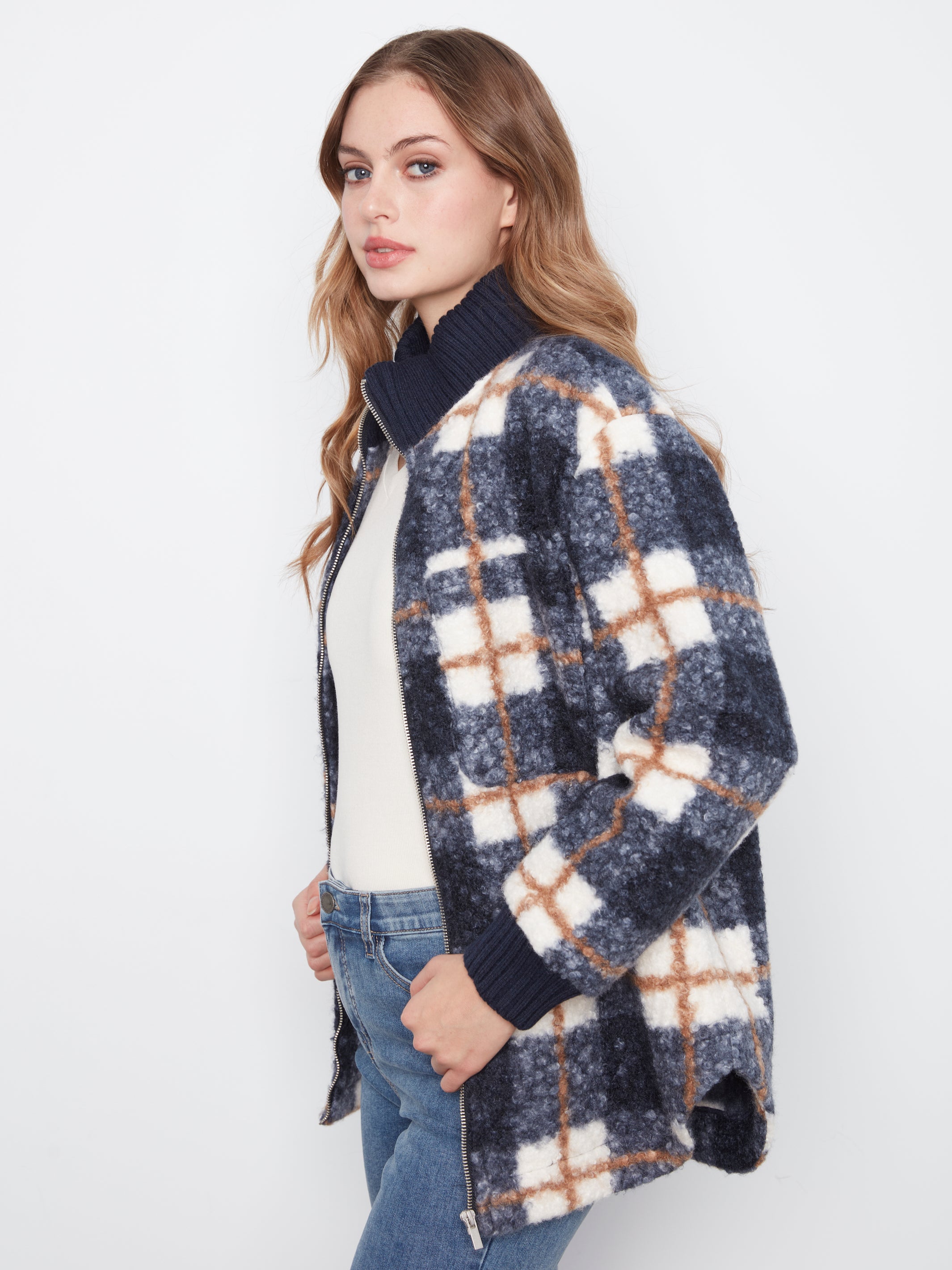 Plaid Bouclé Zip Up Jacket