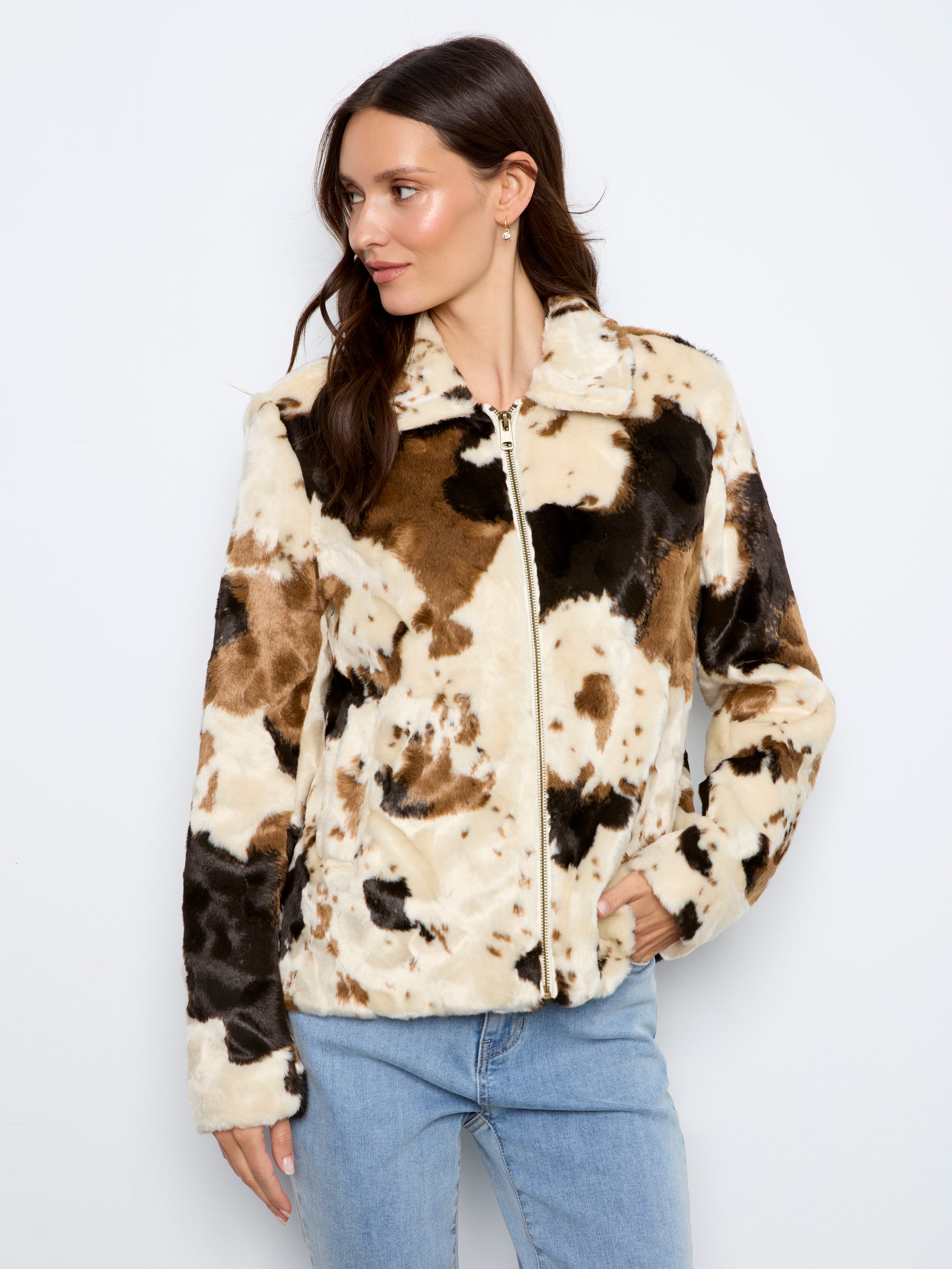 Charlie B Long Sleeve Fur Jacket In Cow Pattern - Style C6441-788C