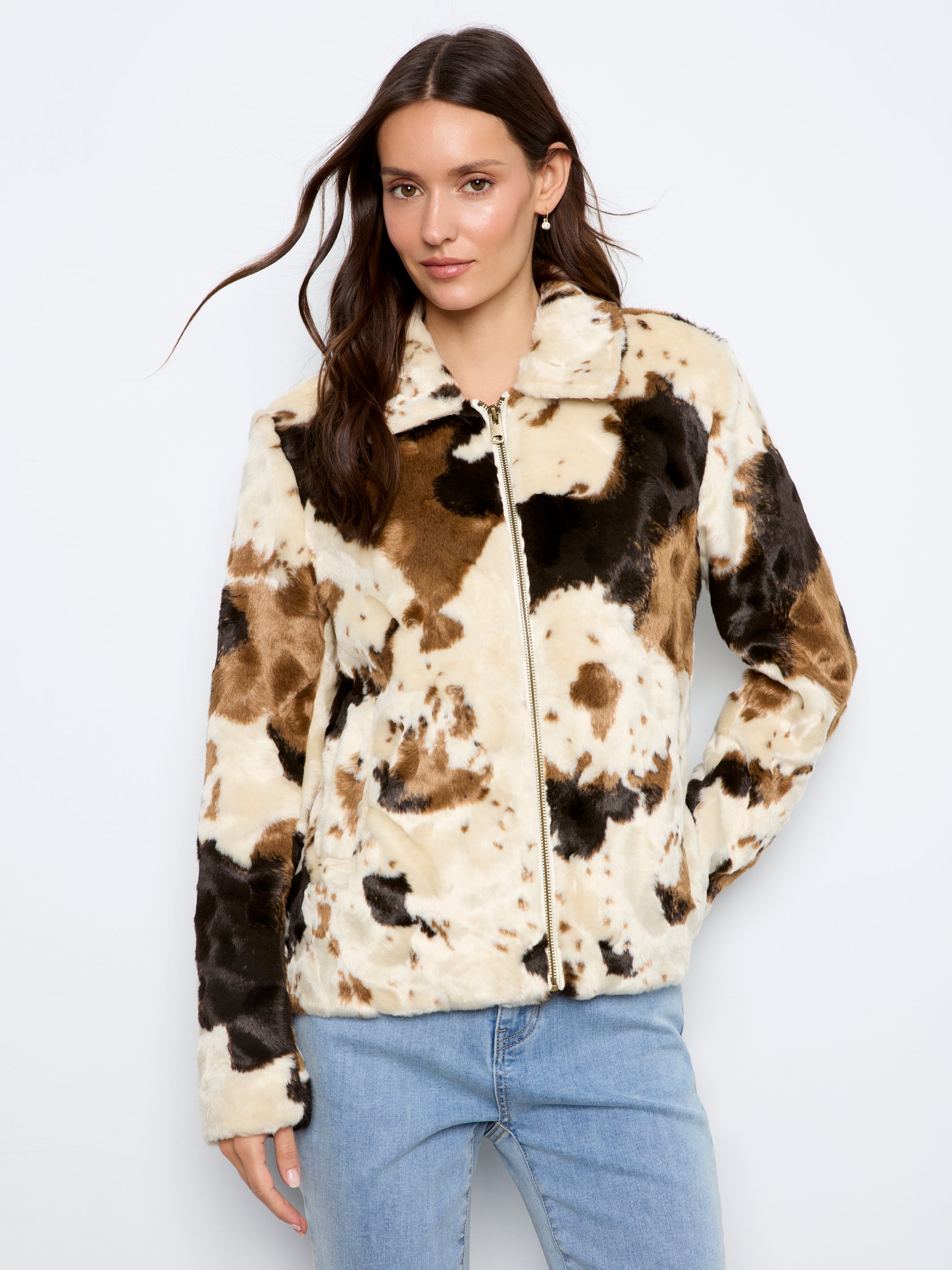 Charlie B Long Sleeve Fur Jacket In Cow Pattern - Style C6441-788C