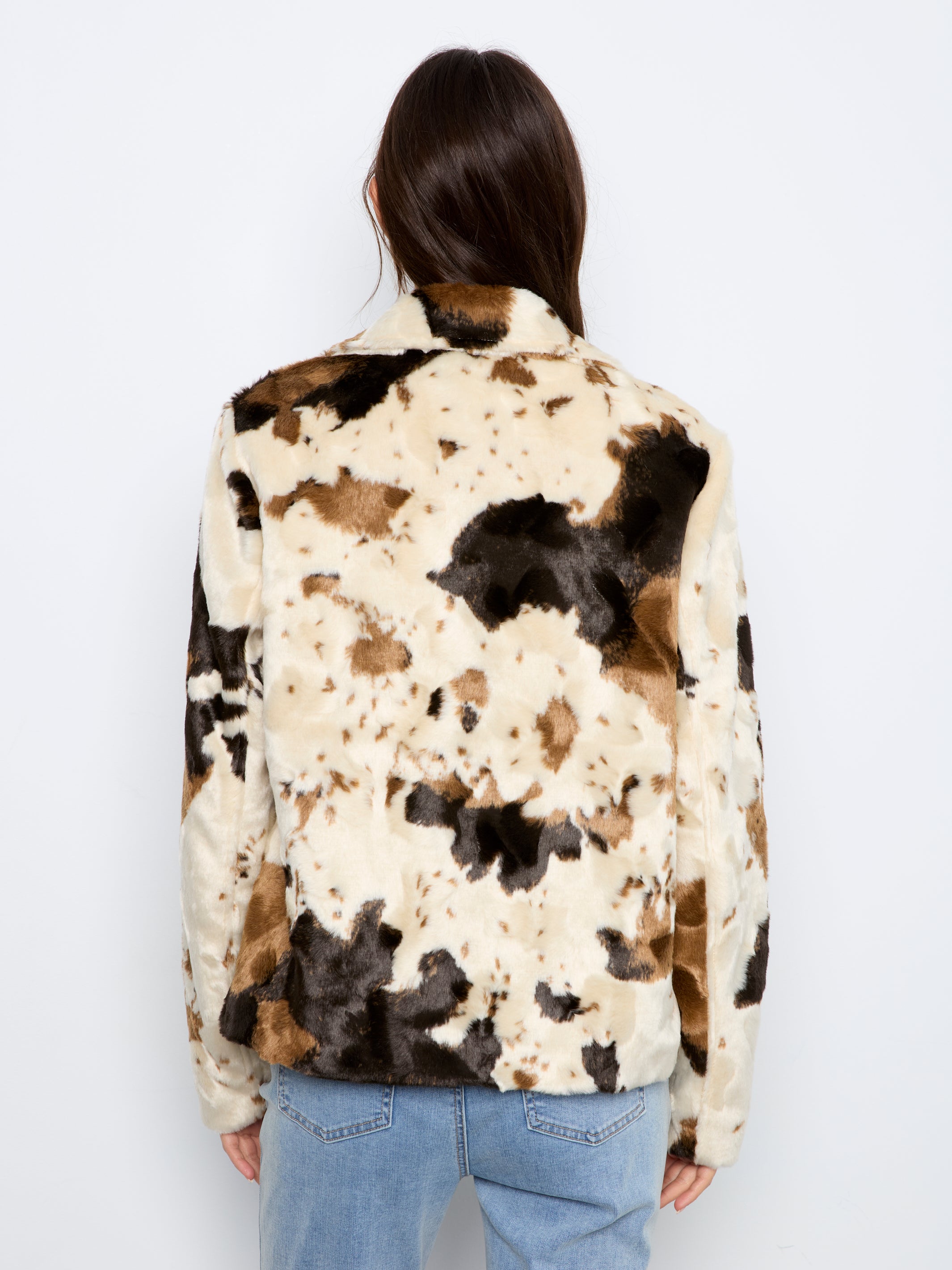 Charlie B Long Sleeve Fur Jacket In Cow Pattern - Style C6441-788C