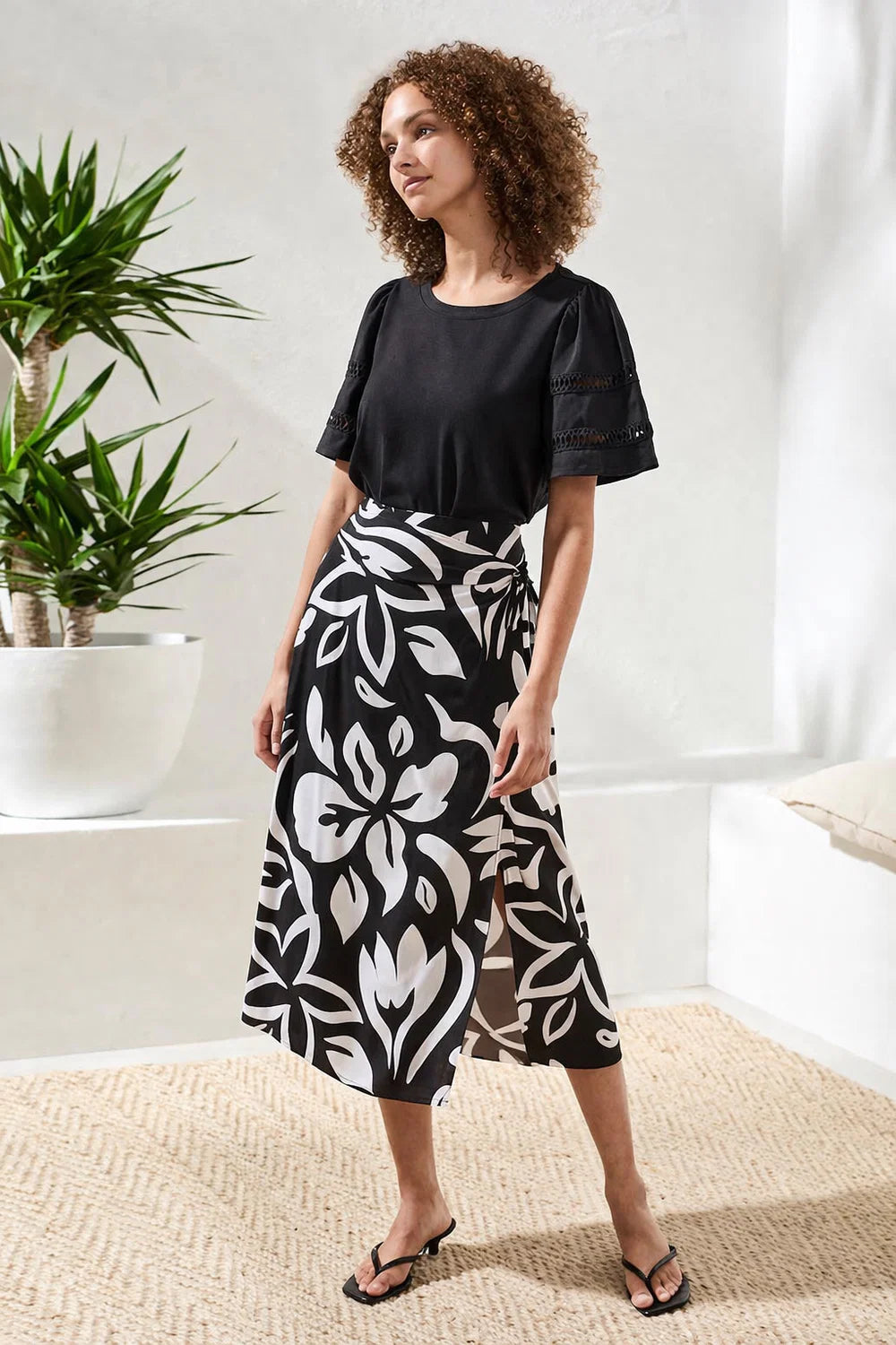Printed Wrap‑Front Pull‑On Midi Skirt