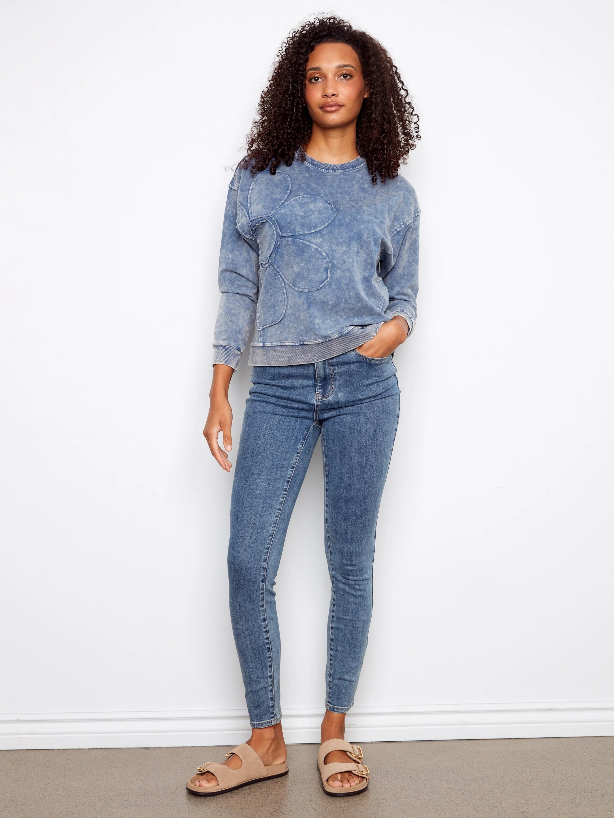 Flower Denim Crew-Neck Long-Sleeve Top