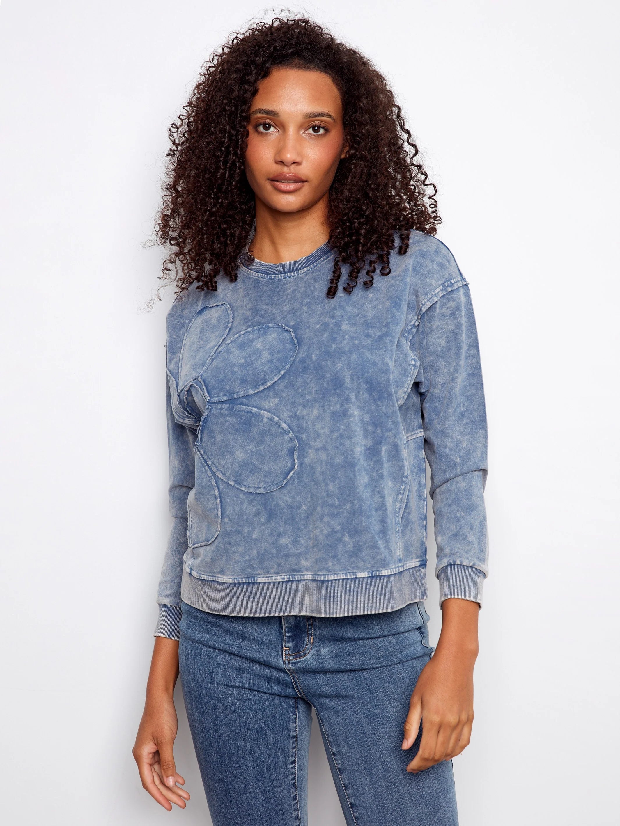 Flower Denim Crew-Neck Long-Sleeve Top