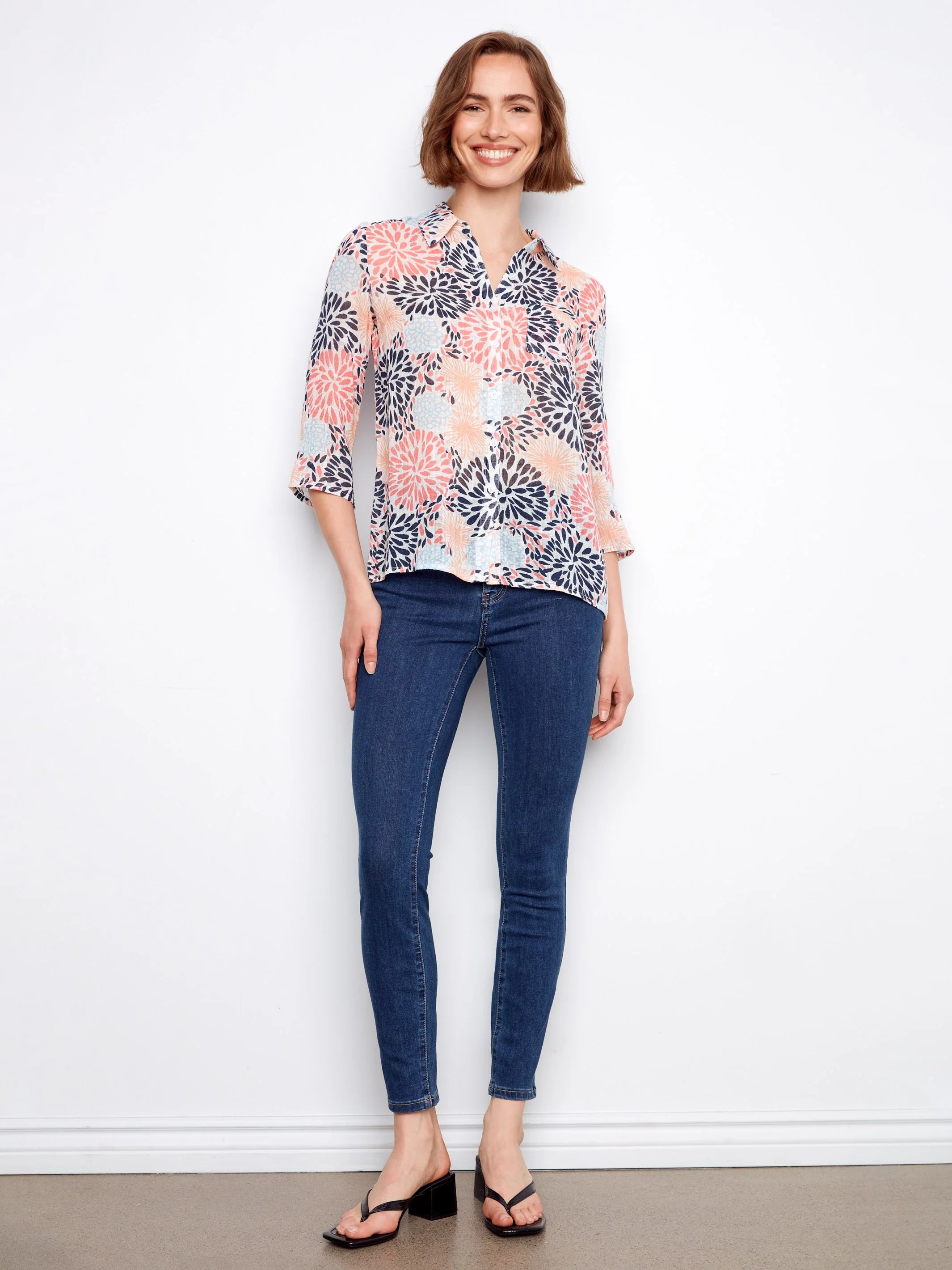 Printed Gauze Button-Up Blouse