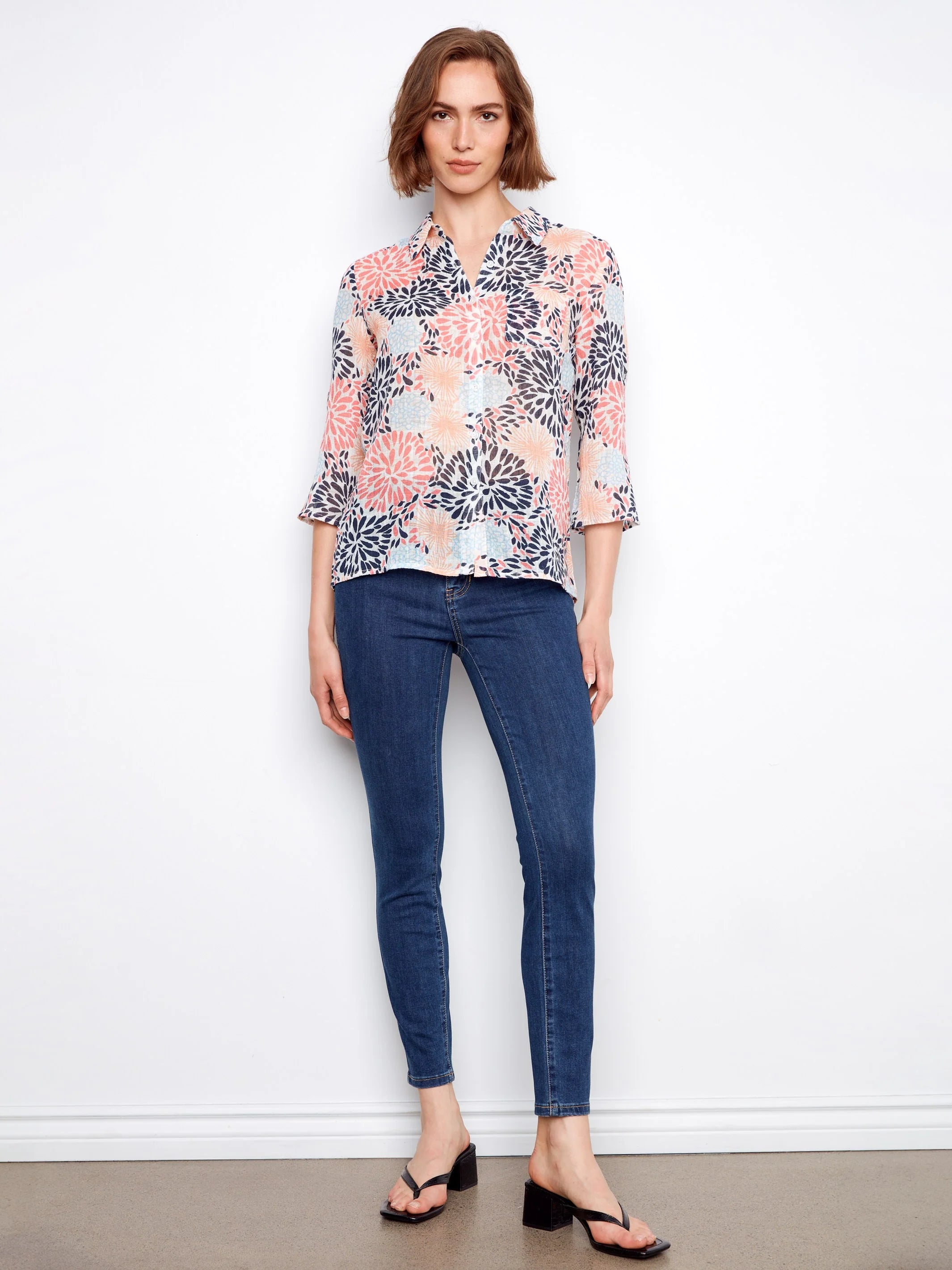 Printed Gauze Button-Up Blouse