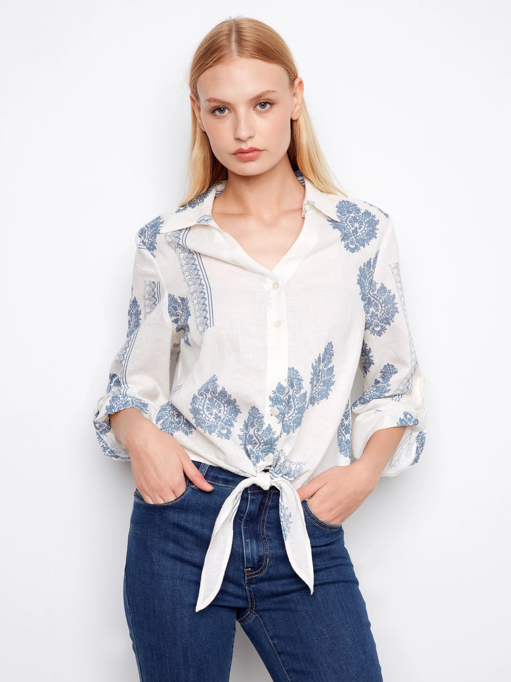 Printed Linen Button-Up Front-Tie Blouse