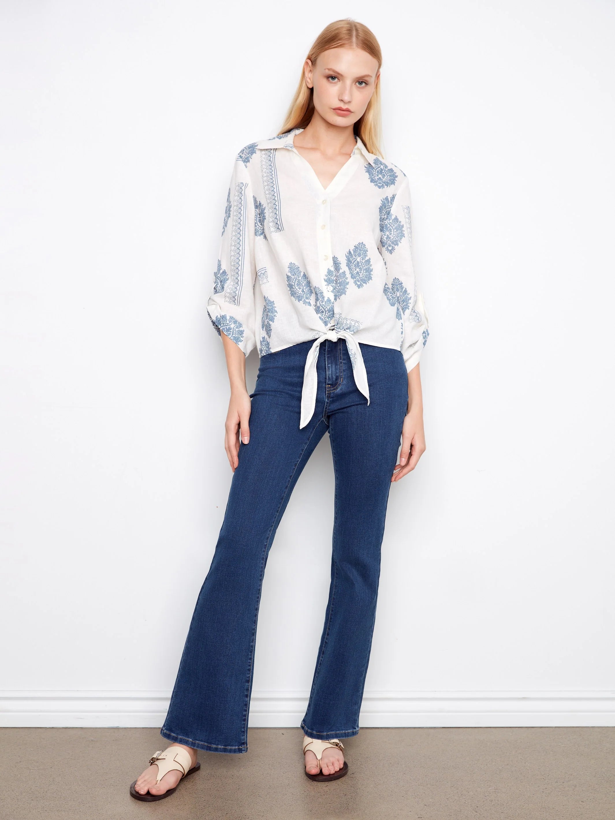 Printed Linen Button-Up Front-Tie Blouse