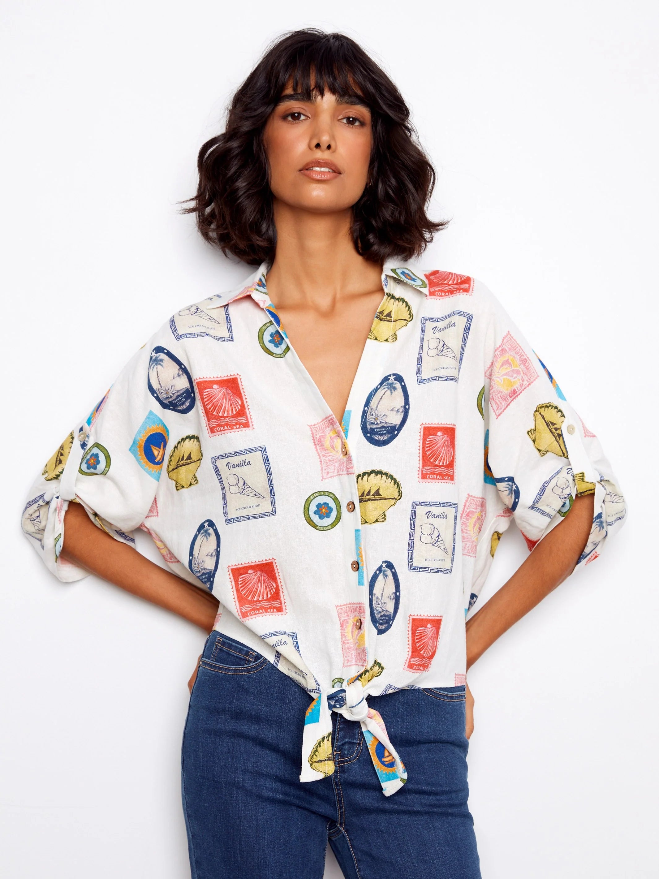 Printed Button-Front Front-Tie Ruched Blouse