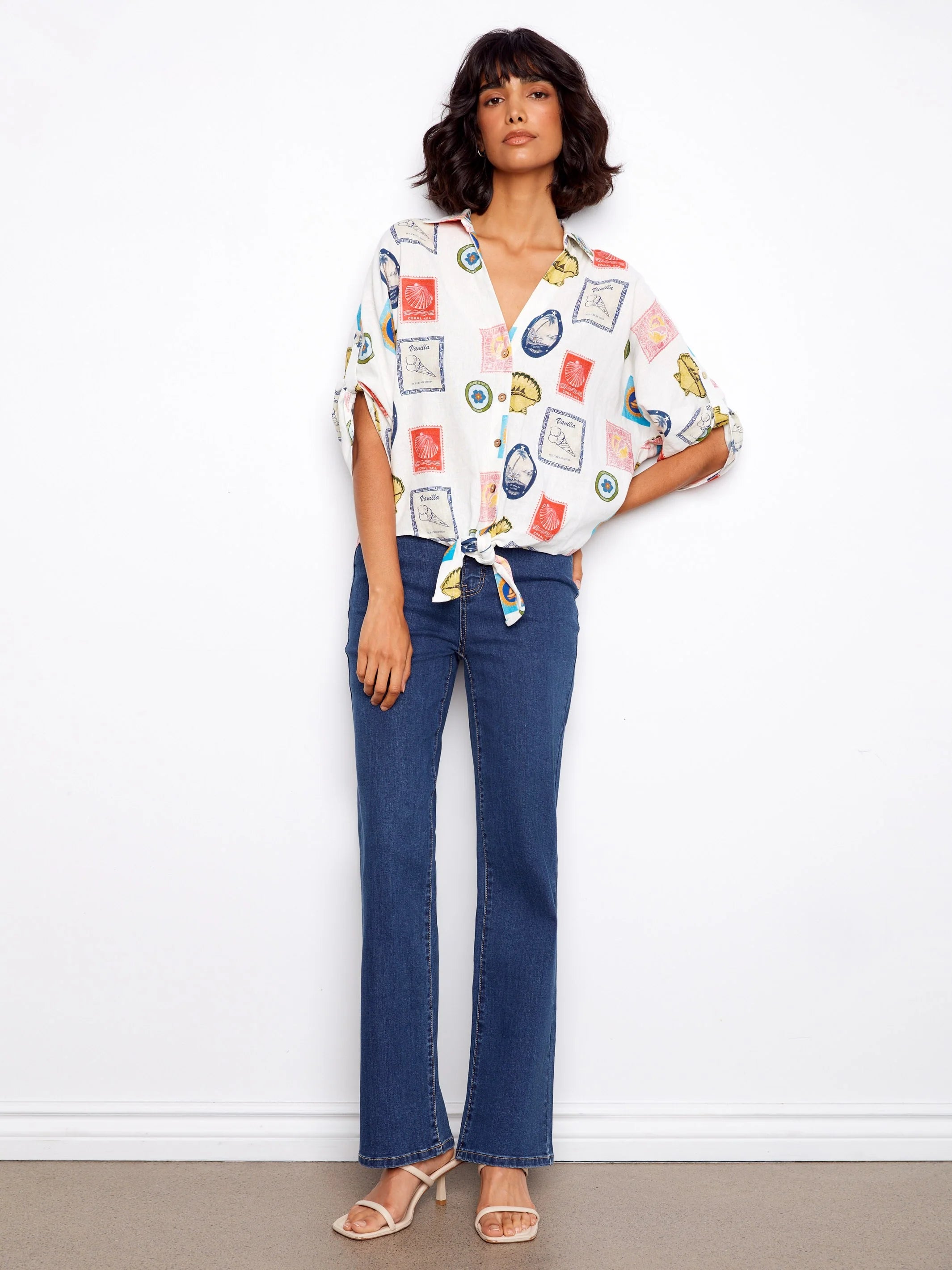 Printed Button-Front Front-Tie Ruched Blouse