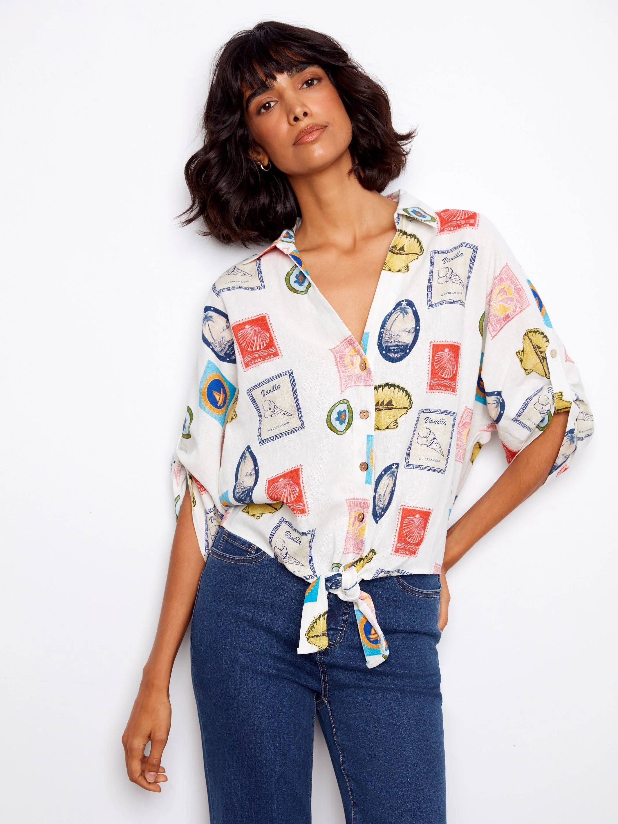 Printed Button-Front Front-Tie Ruched Blouse