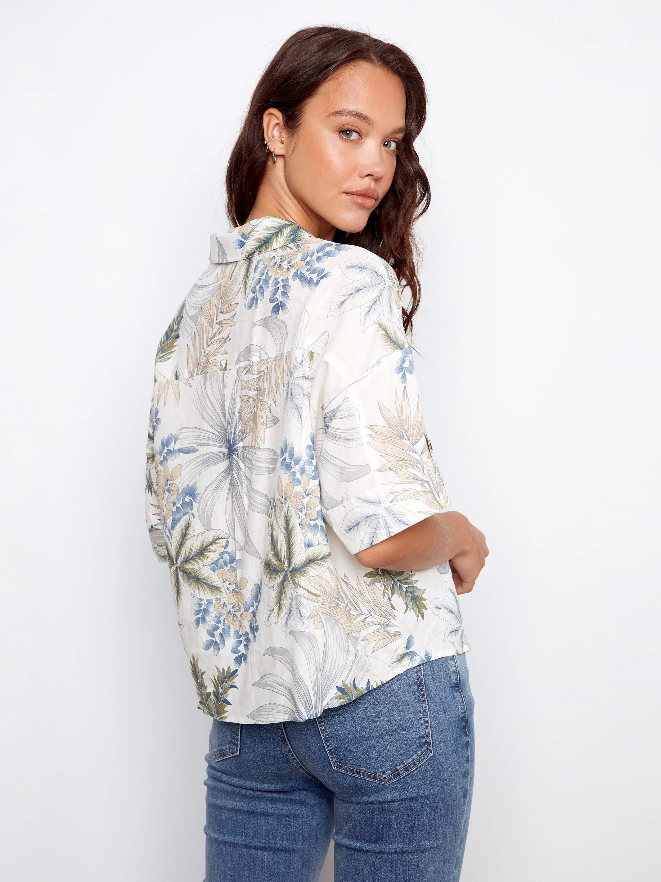 Printed Linen Short-Sleeve Button-Front Blouse